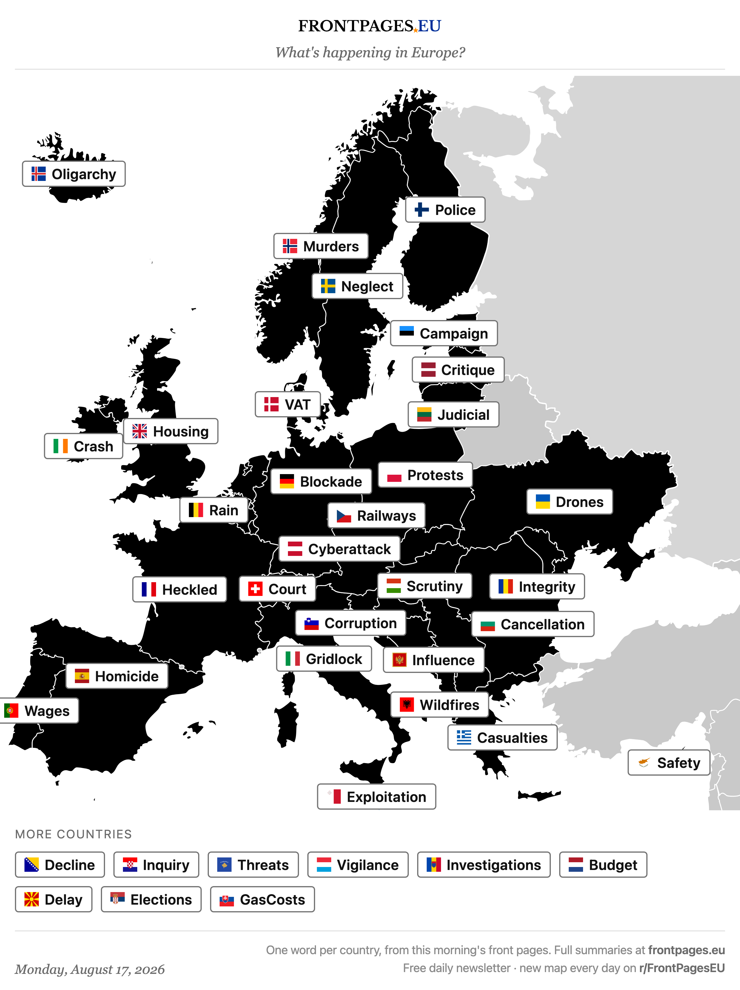 Today's Europe news map