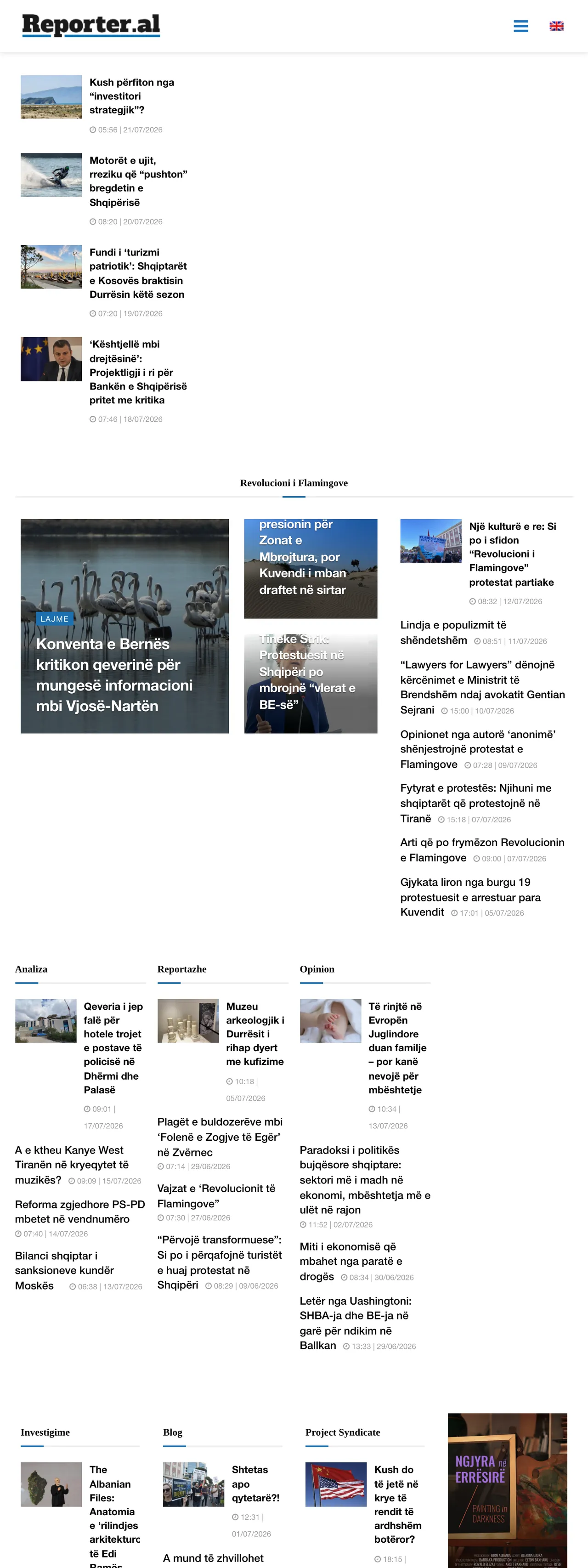 Screenshot of the Reporter.al front page