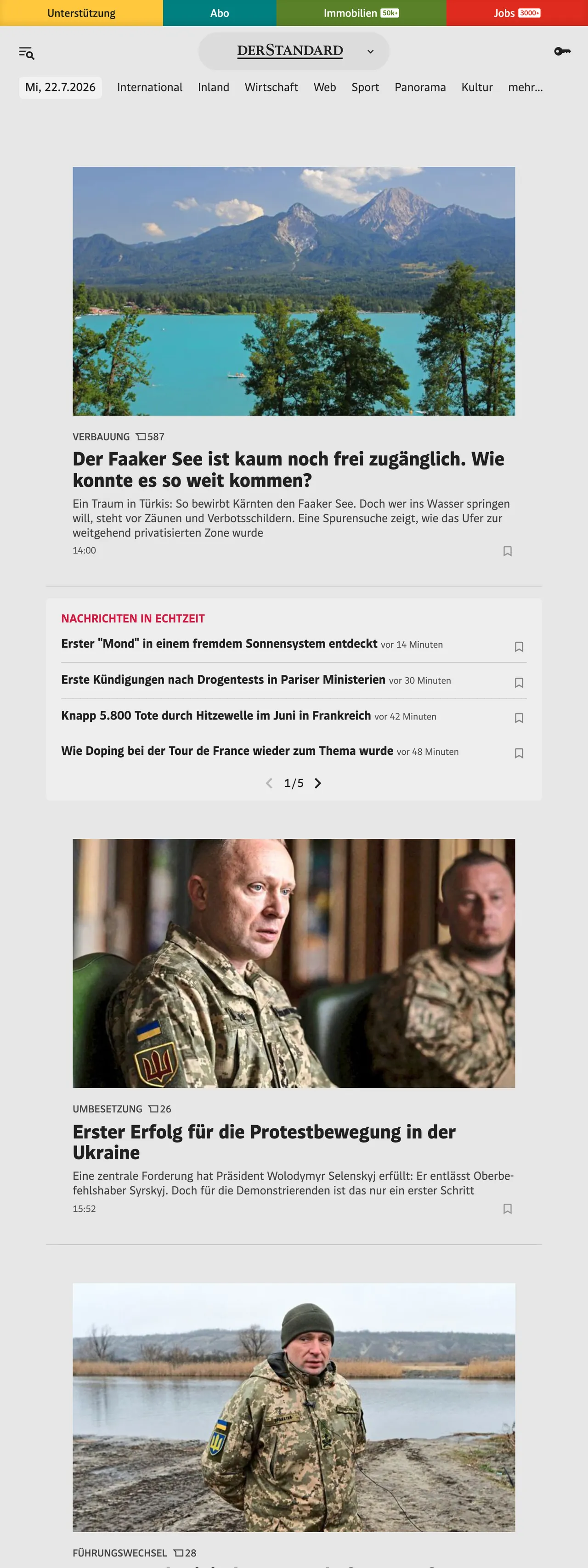 Screenshot of the DER STANDARD front page