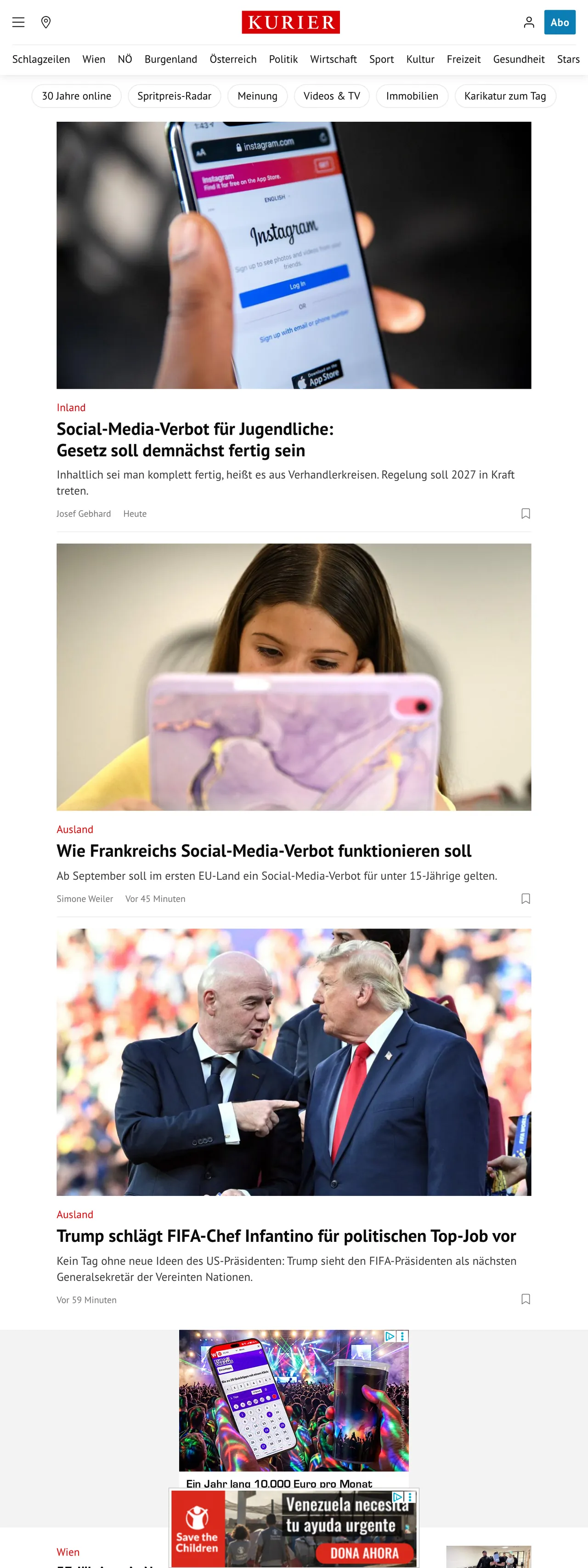 Screenshot of the Kurier front page