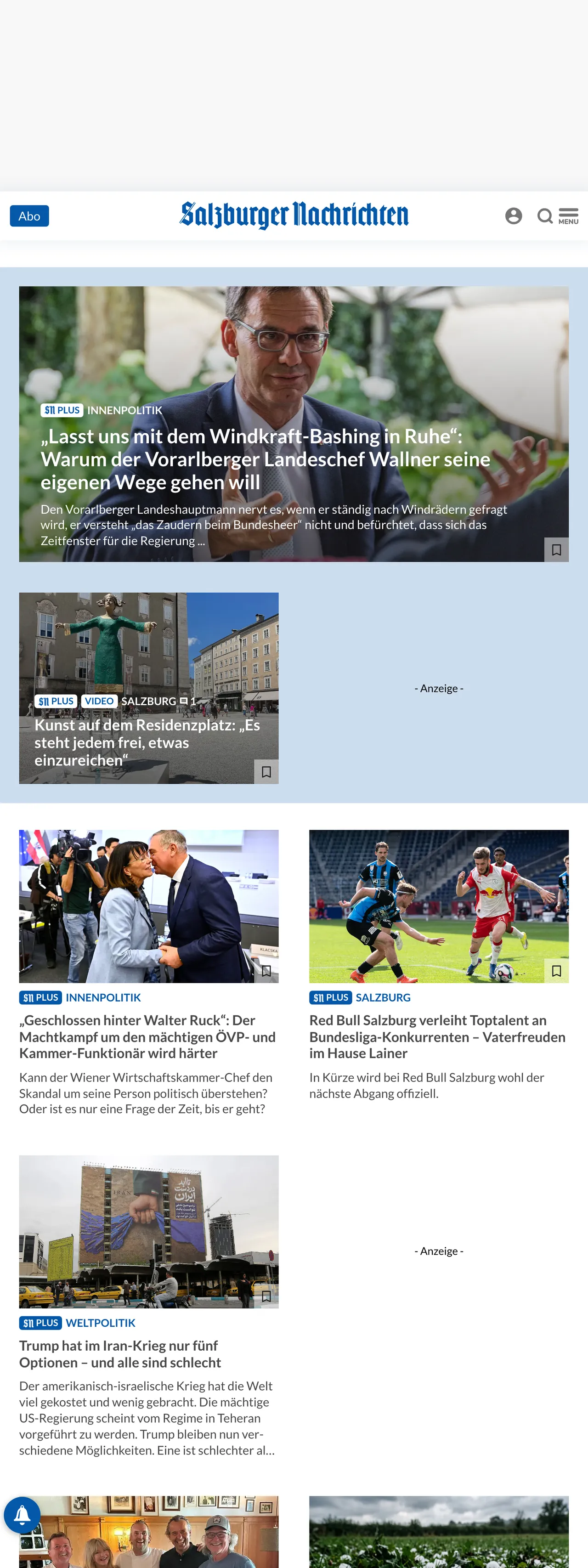 Screenshot of the Salzburger Nachrichten front page