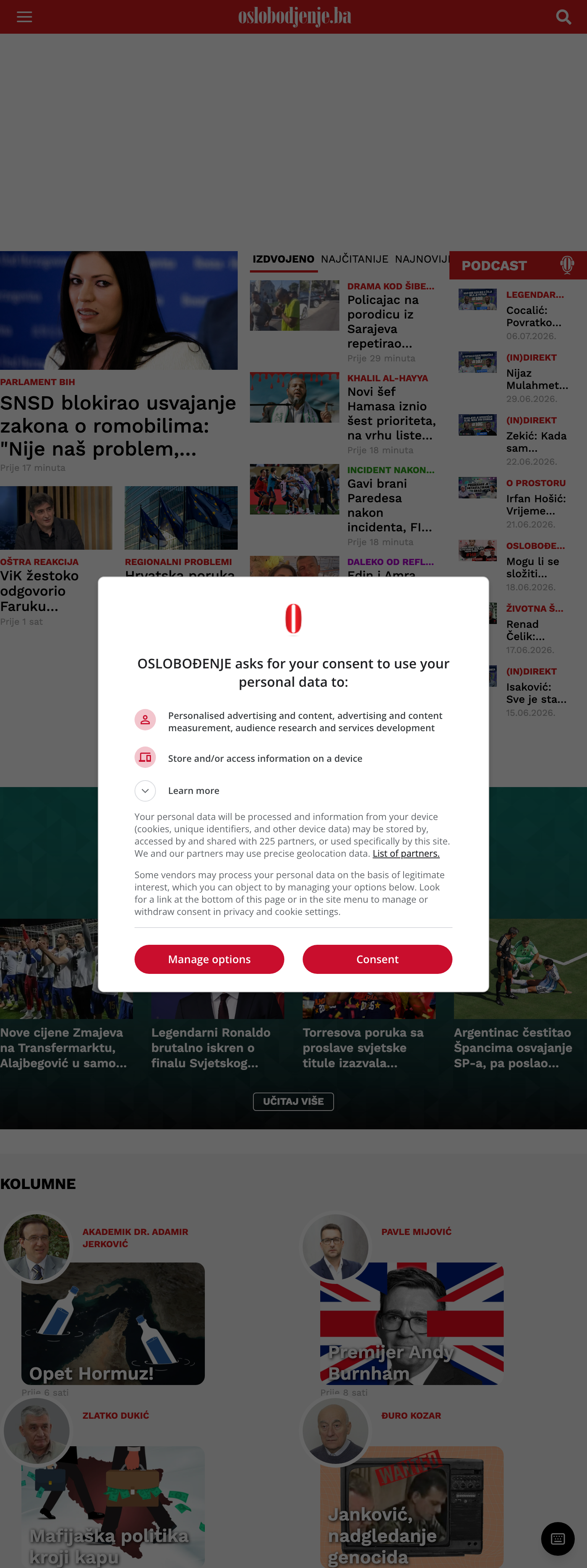 Screenshot of the Oslobođenje front page