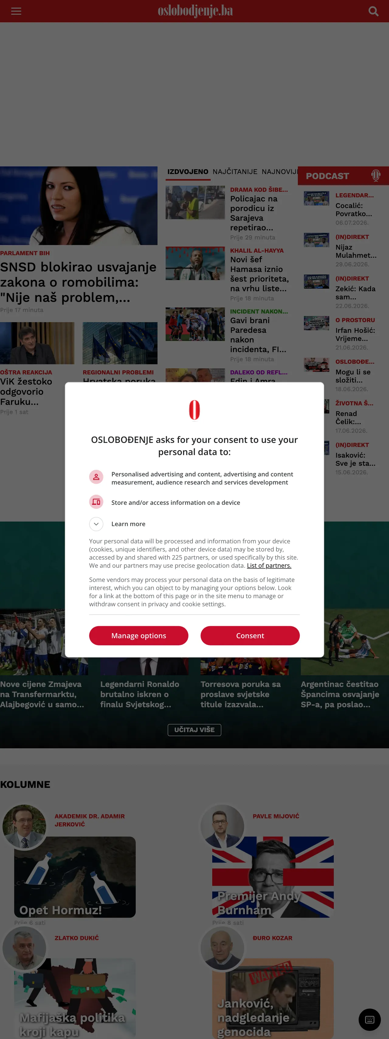 Screenshot of the Oslobođenje front page