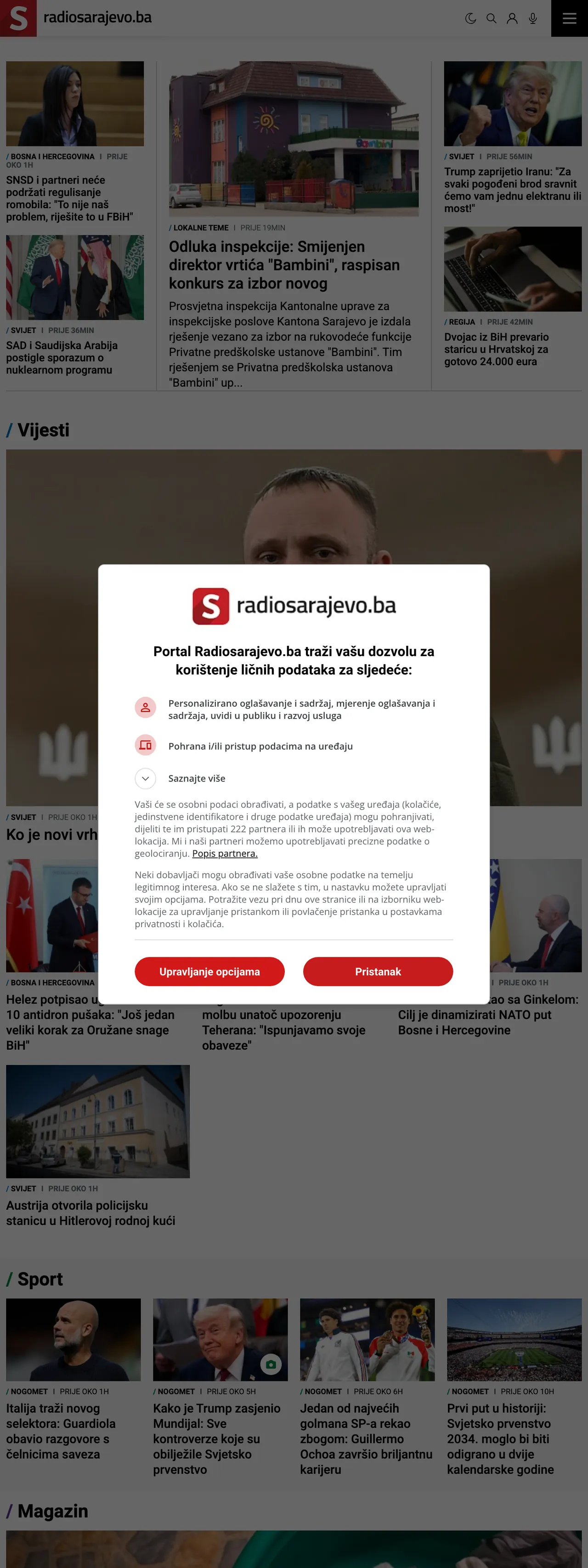 Screenshot of the Radio Sarajevo front page
