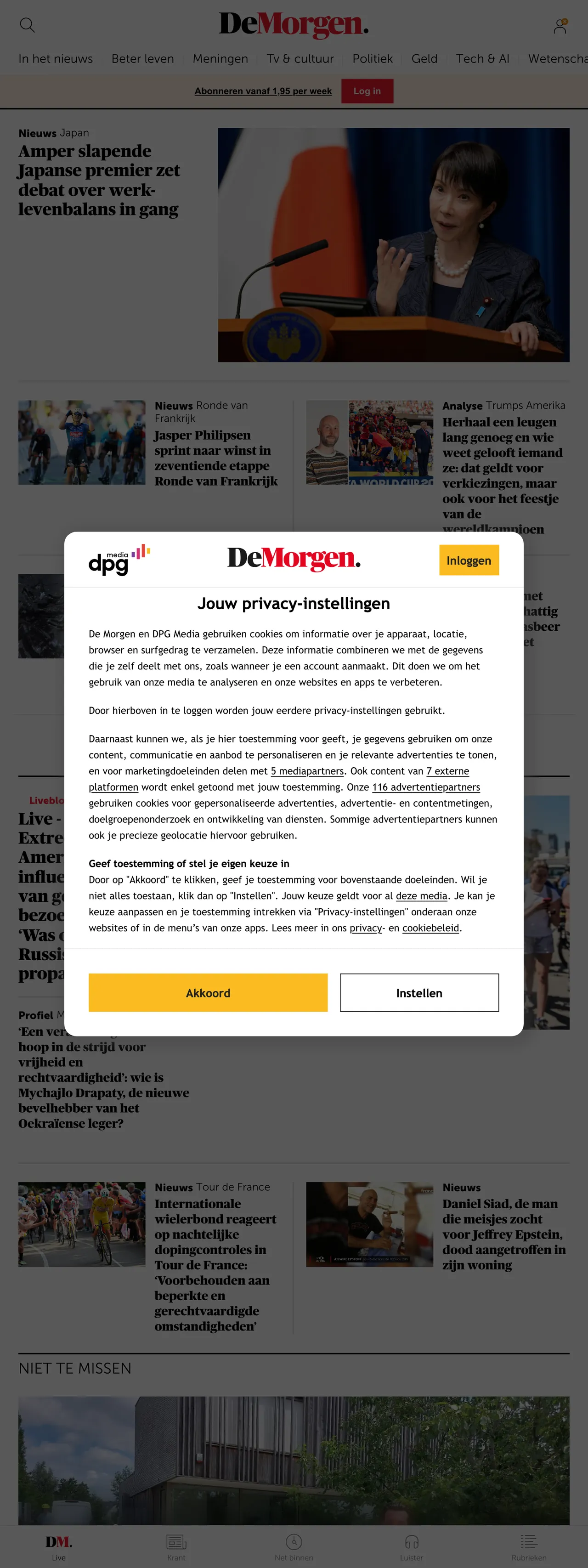 Screenshot of the De Morgen front page