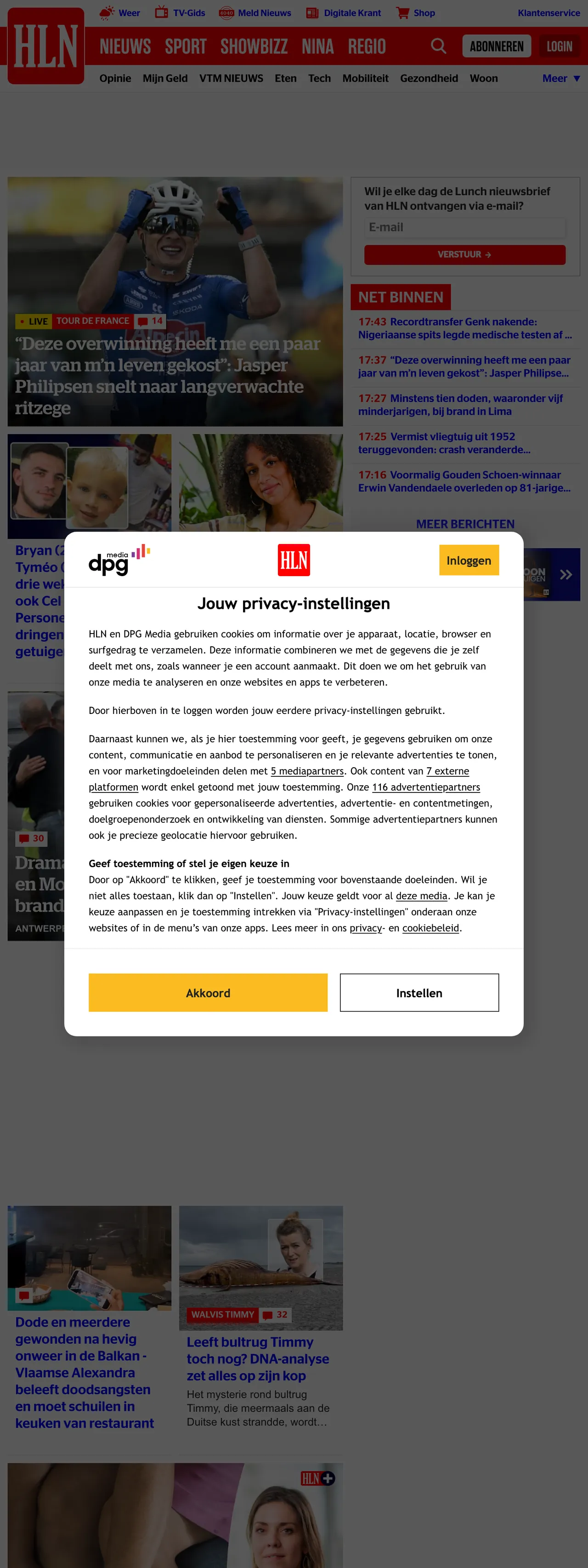 Screenshot of the HLN front page