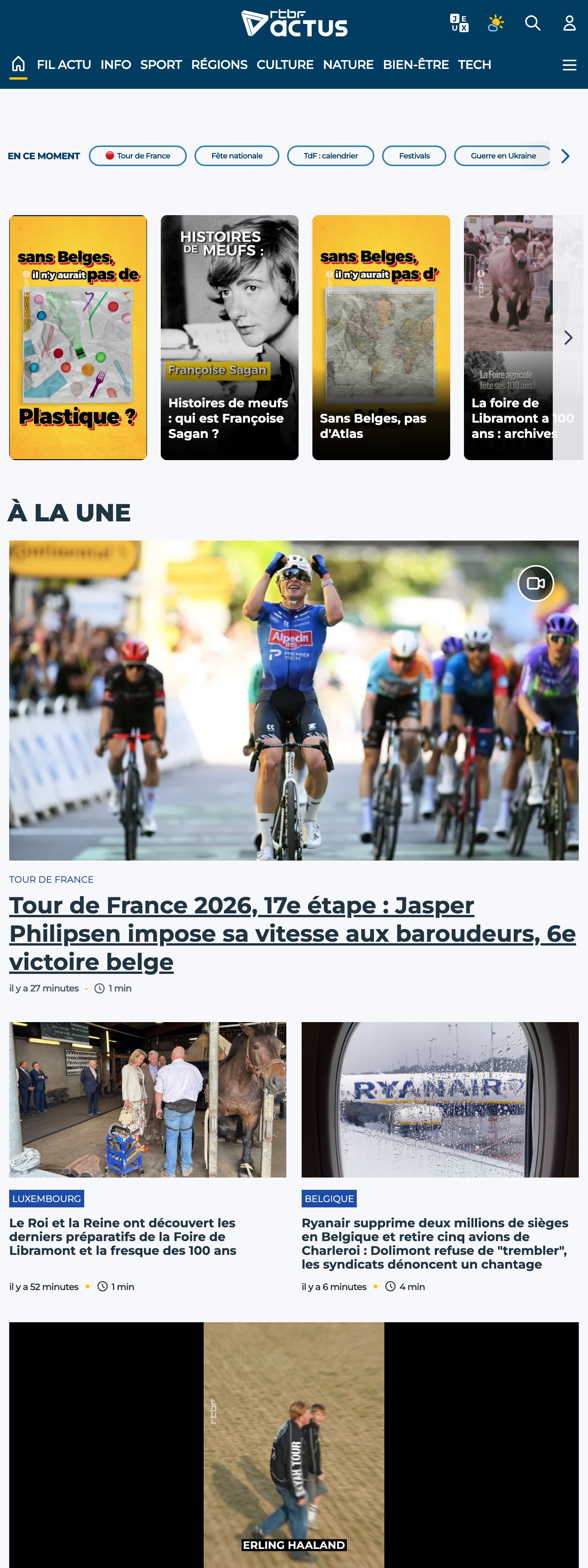 Screenshot of the RTBF front page