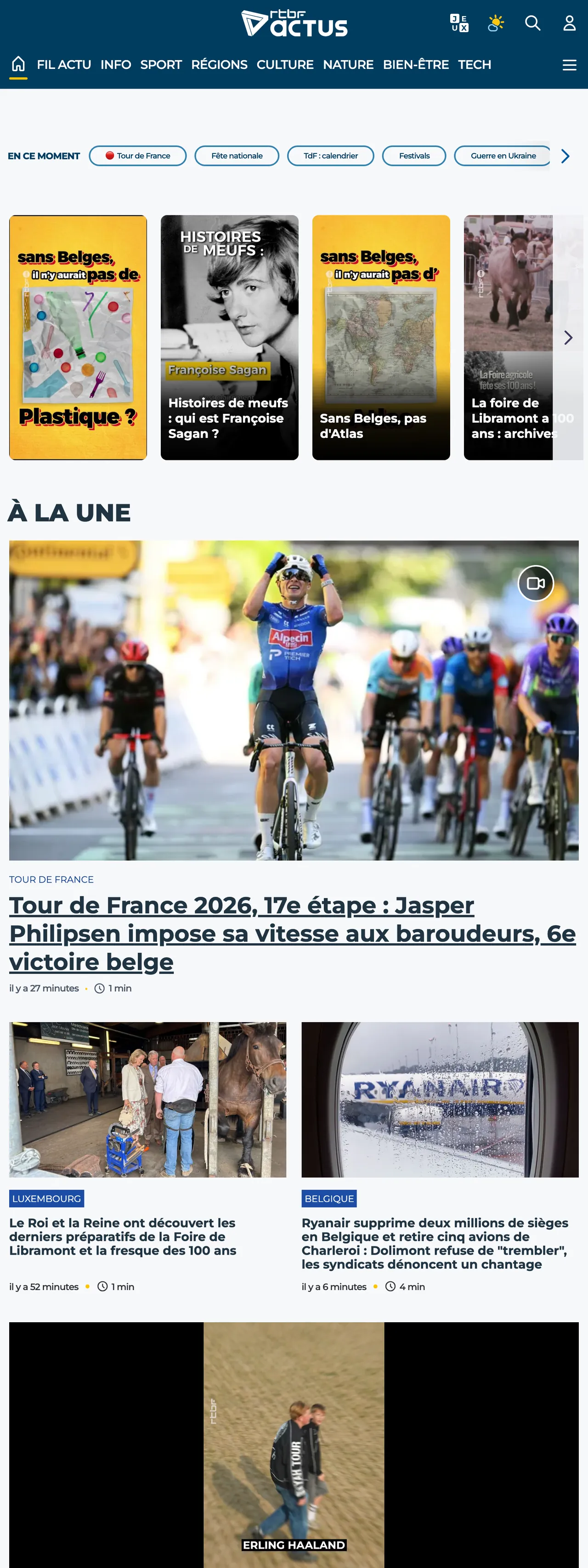 Screenshot of the RTBF front page