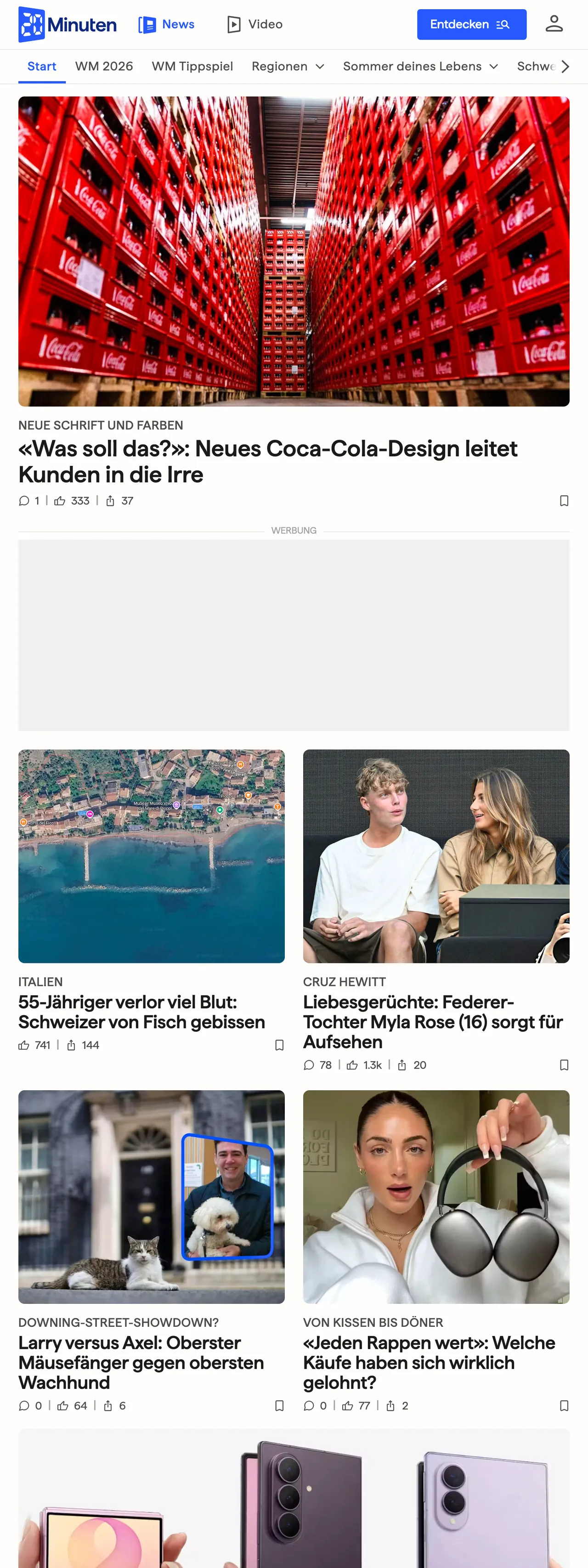 Screenshot of the 20 Minuten front page