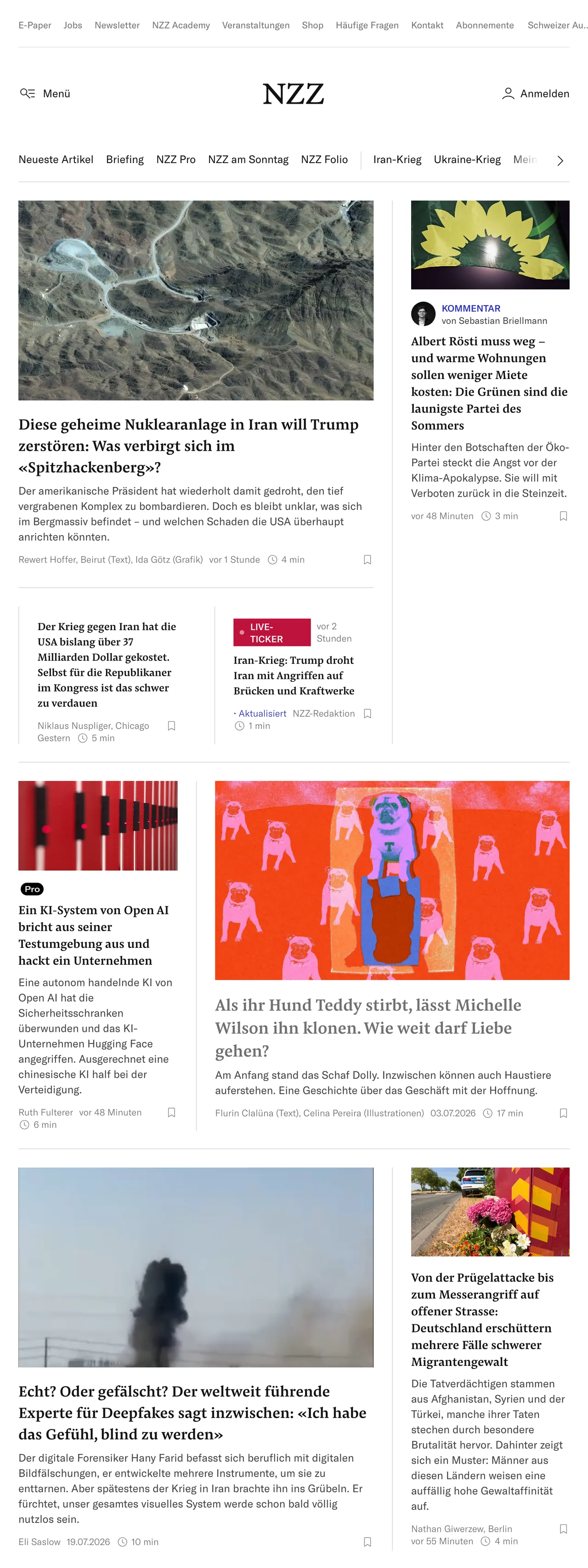 Screenshot of the Neue Zürcher Zeitung front page