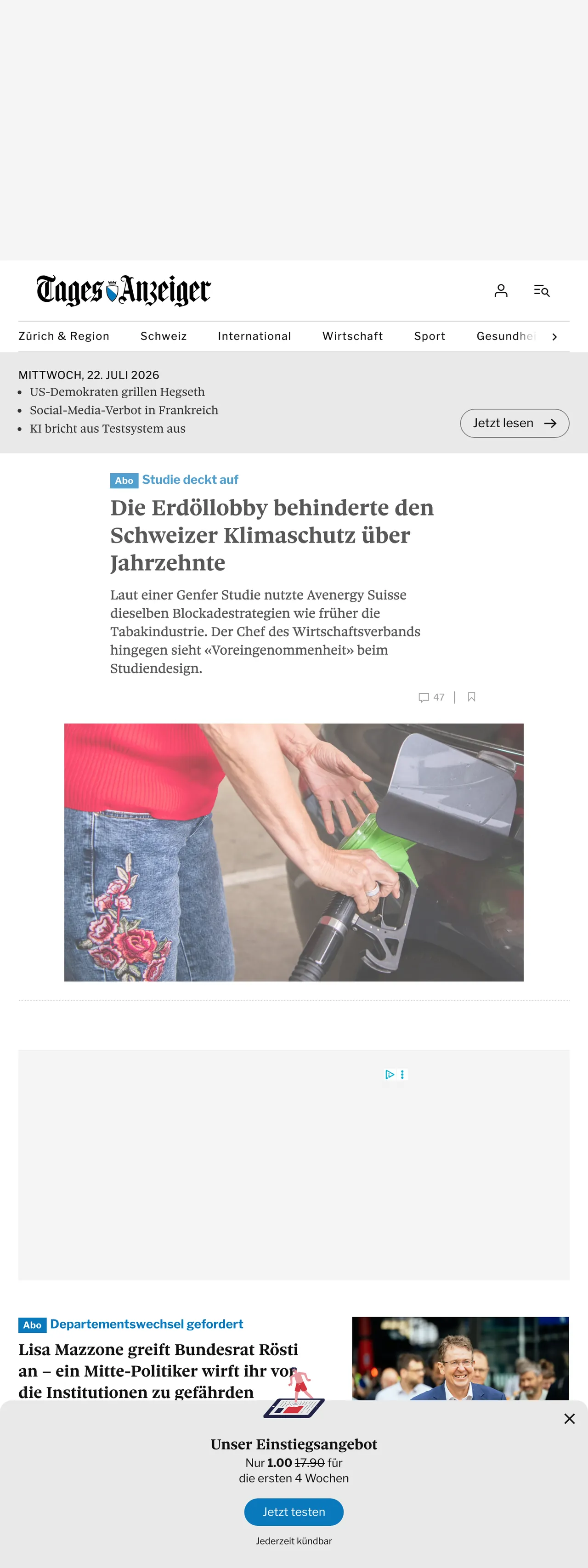 Screenshot of the Tages-Anzeiger front page