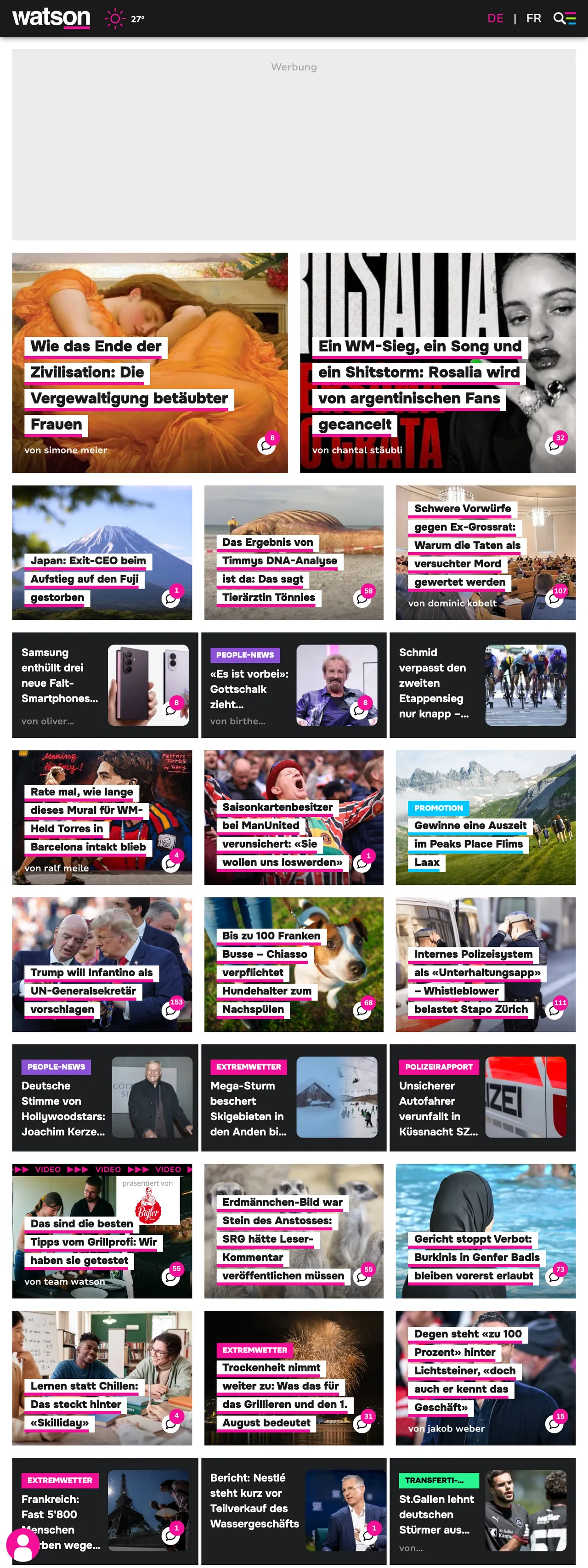 Screenshot of the watson front page