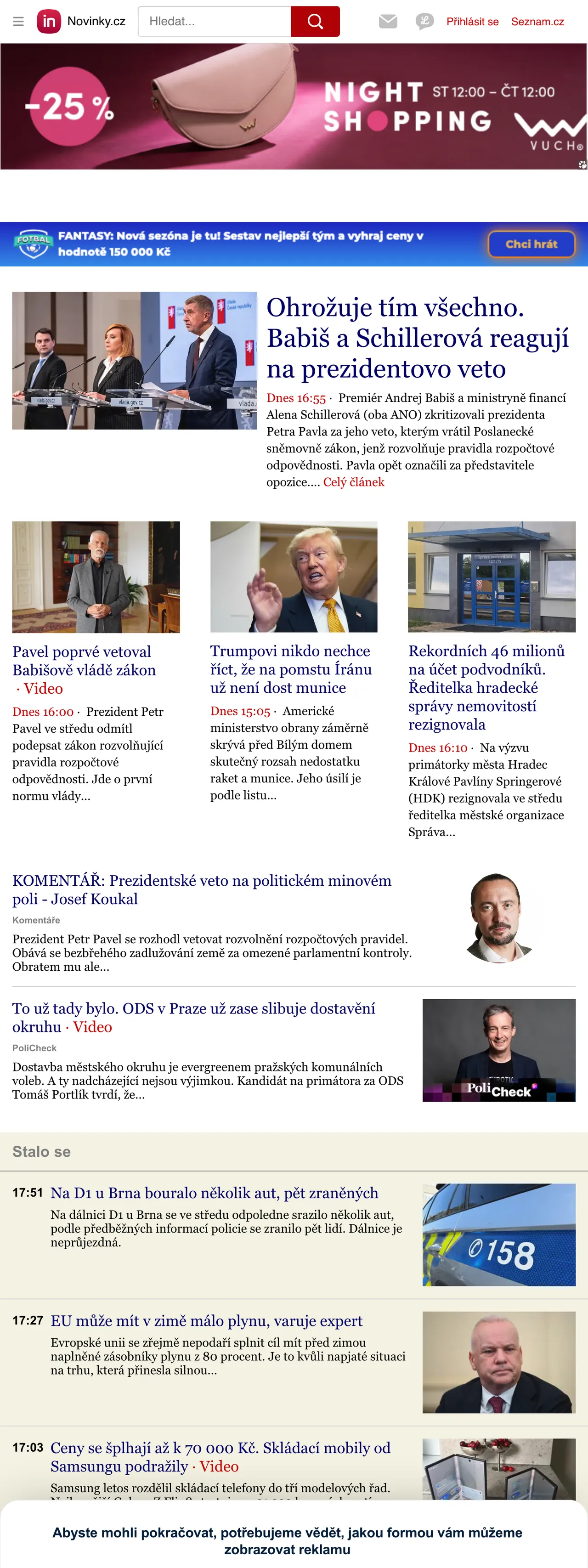 Screenshot of the Novinky.cz front page