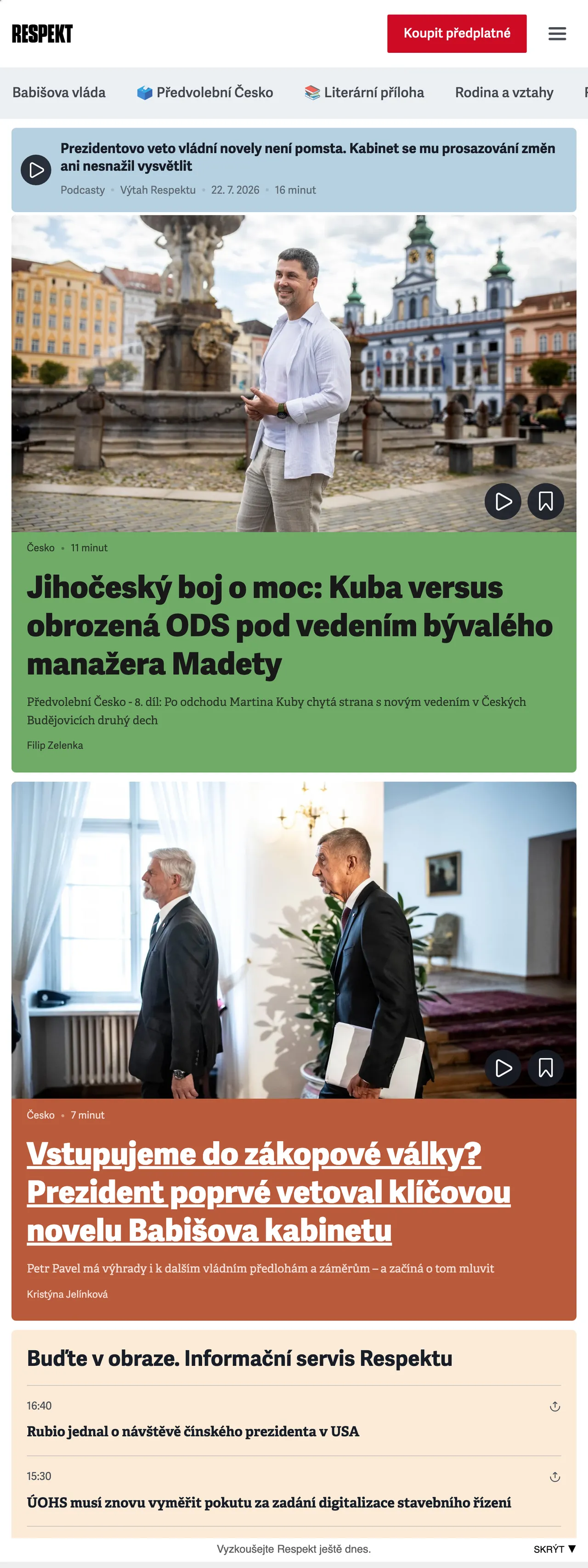 Screenshot of the Respekt front page