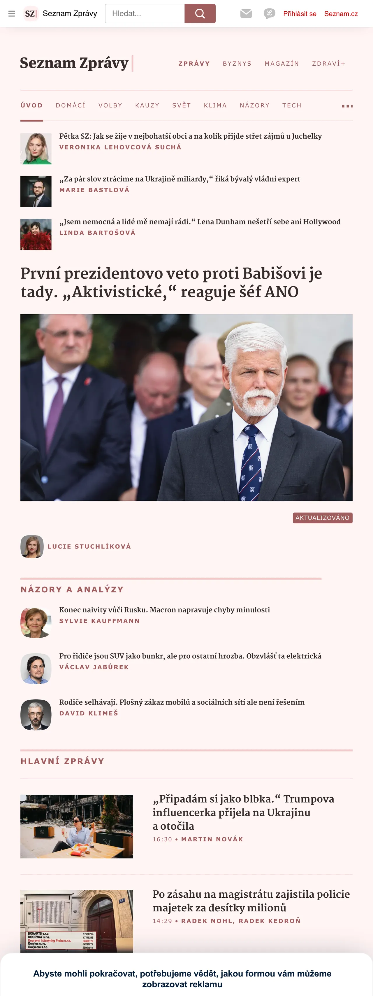 Screenshot of the Seznam Zprávy front page