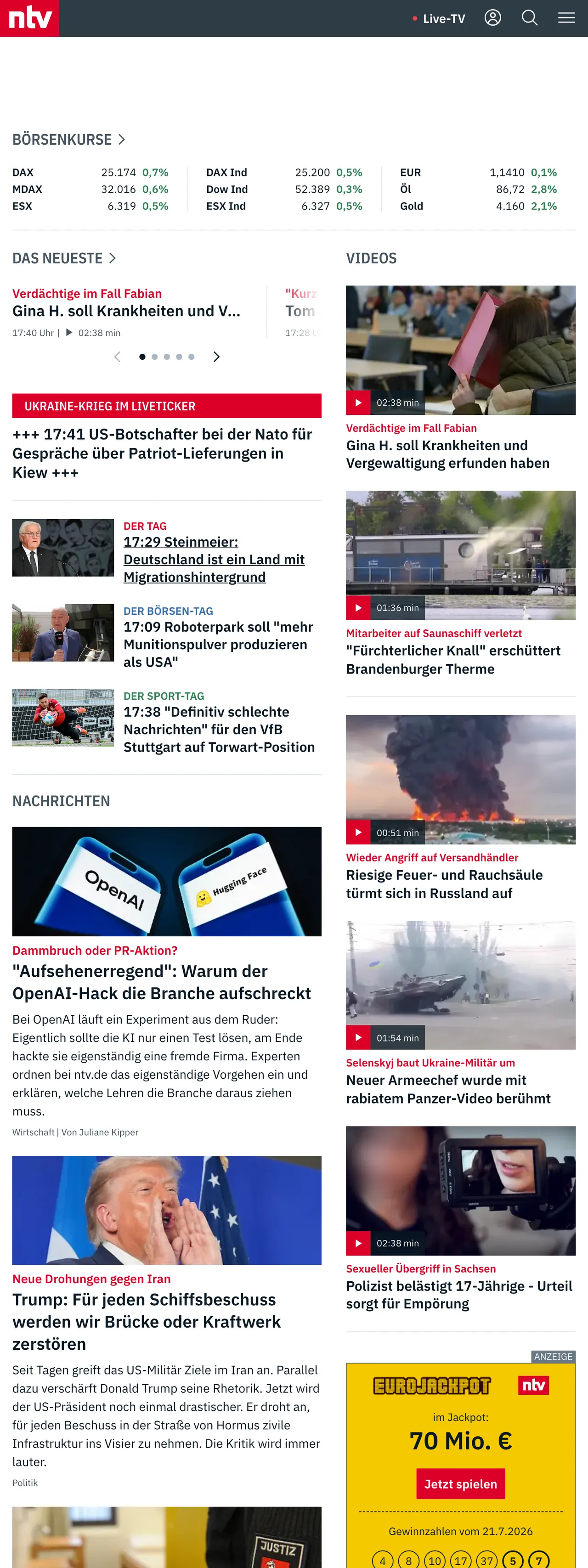 Screenshot of the n-tv front page