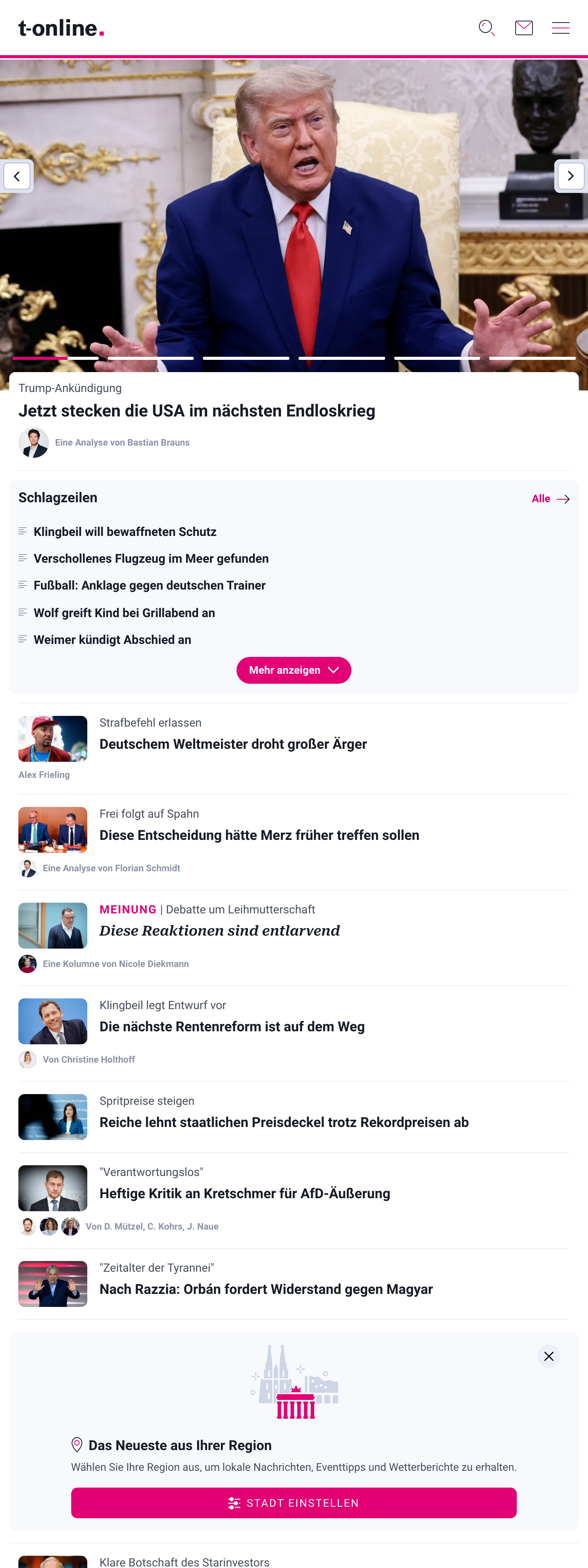 Screenshot of the t-online front page