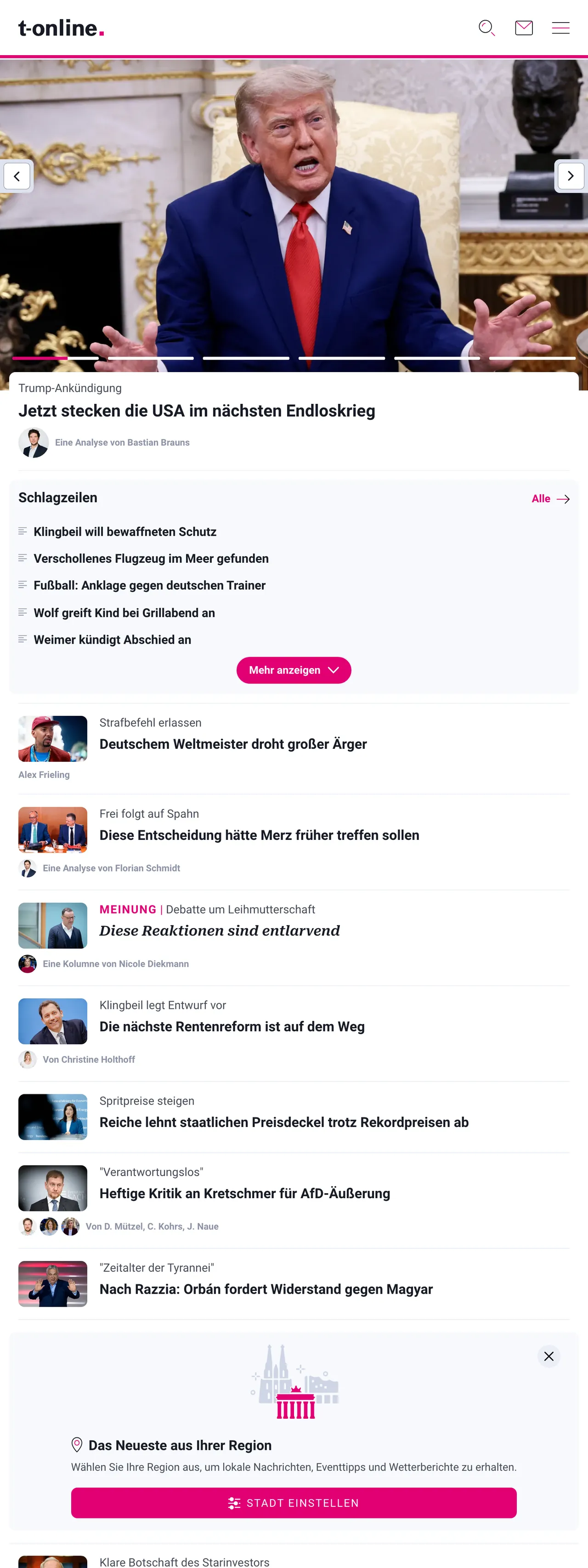 Screenshot of the t-online front page