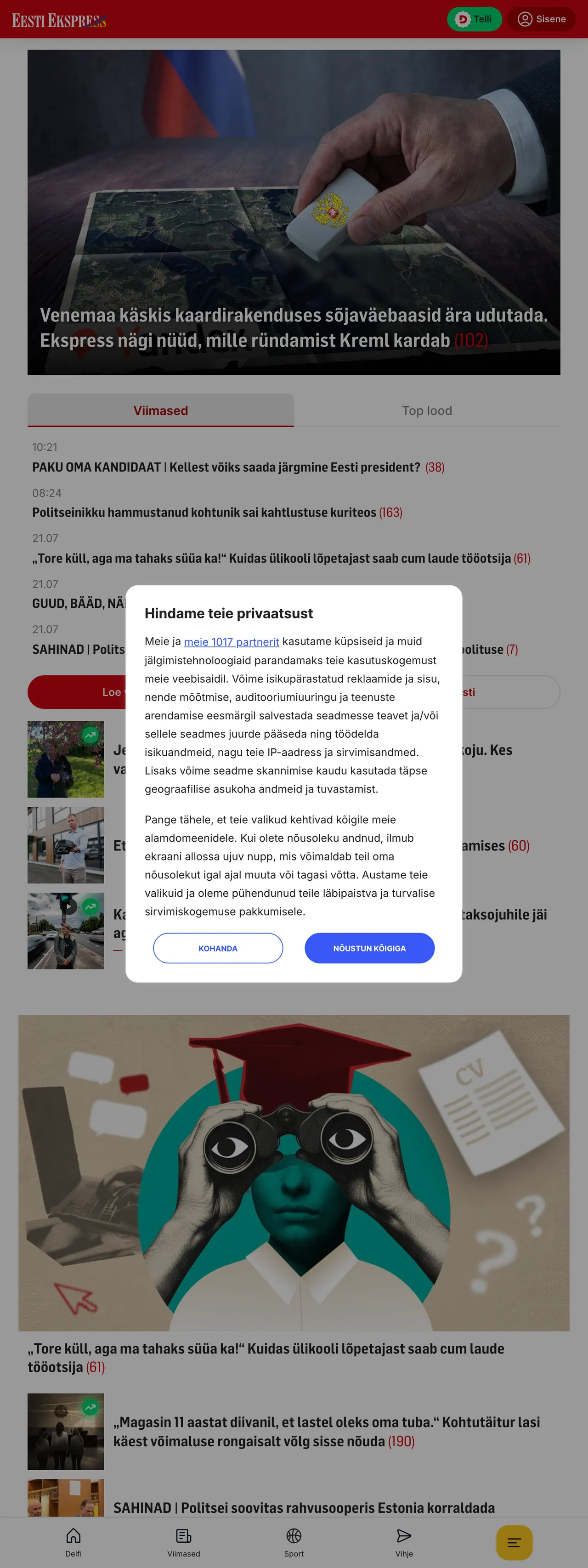 Screenshot of the Eesti Ekspress front page