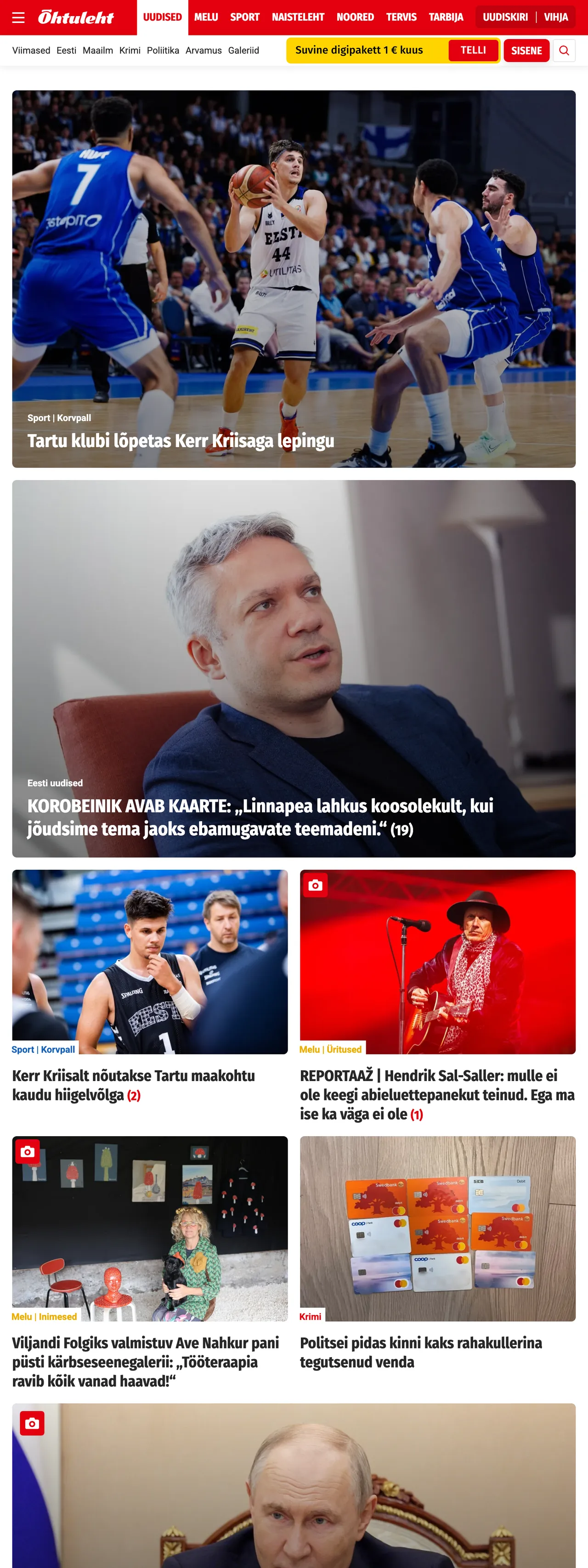 Screenshot of the Õhtuleht front page