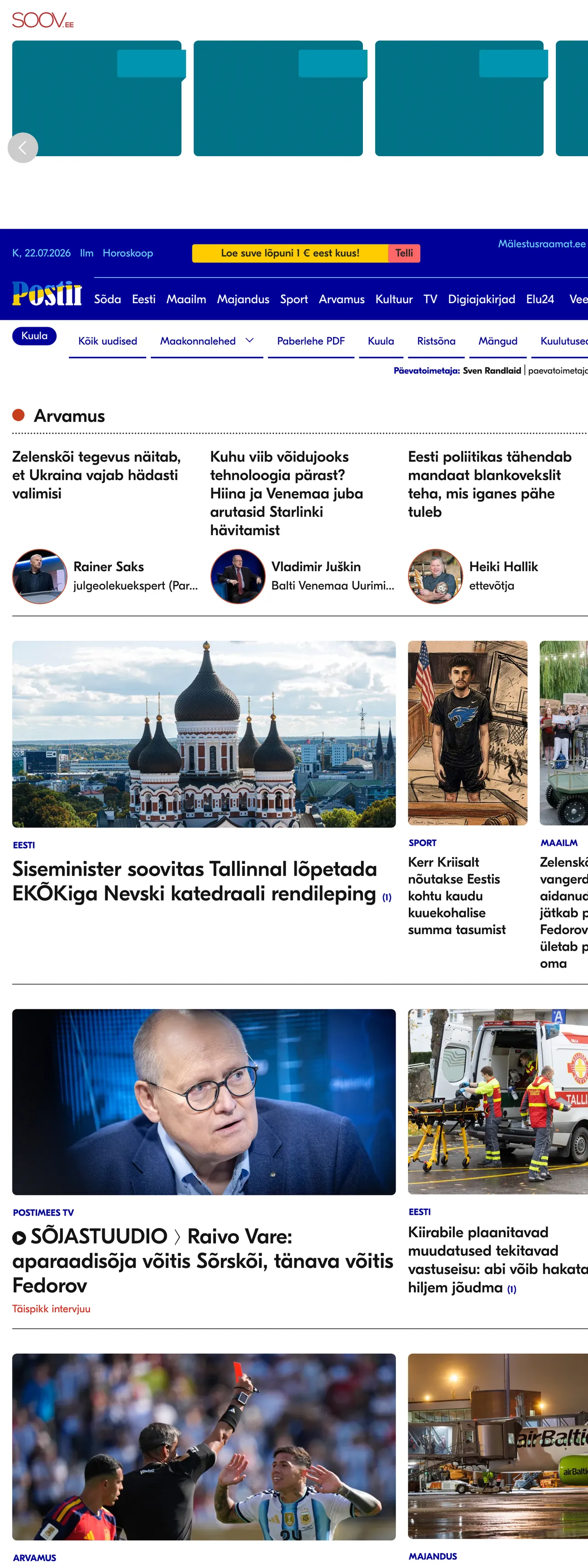 Screenshot of the Postimees front page