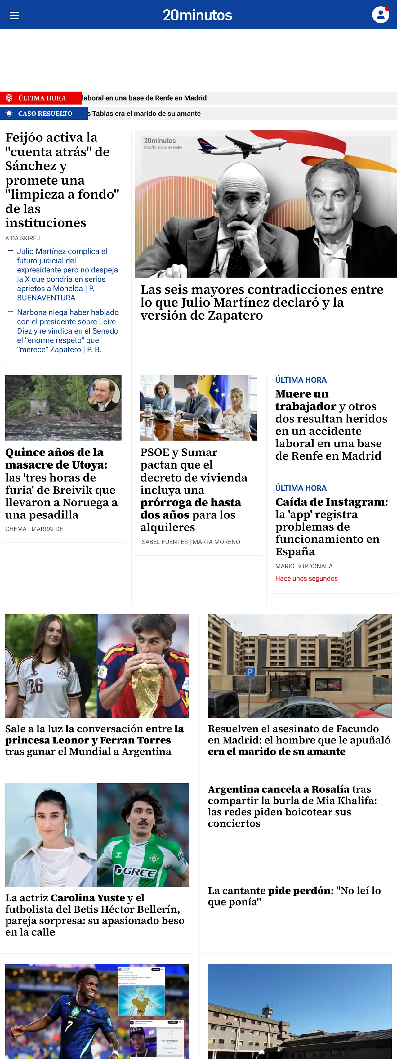 Screenshot of the 20minutos front page