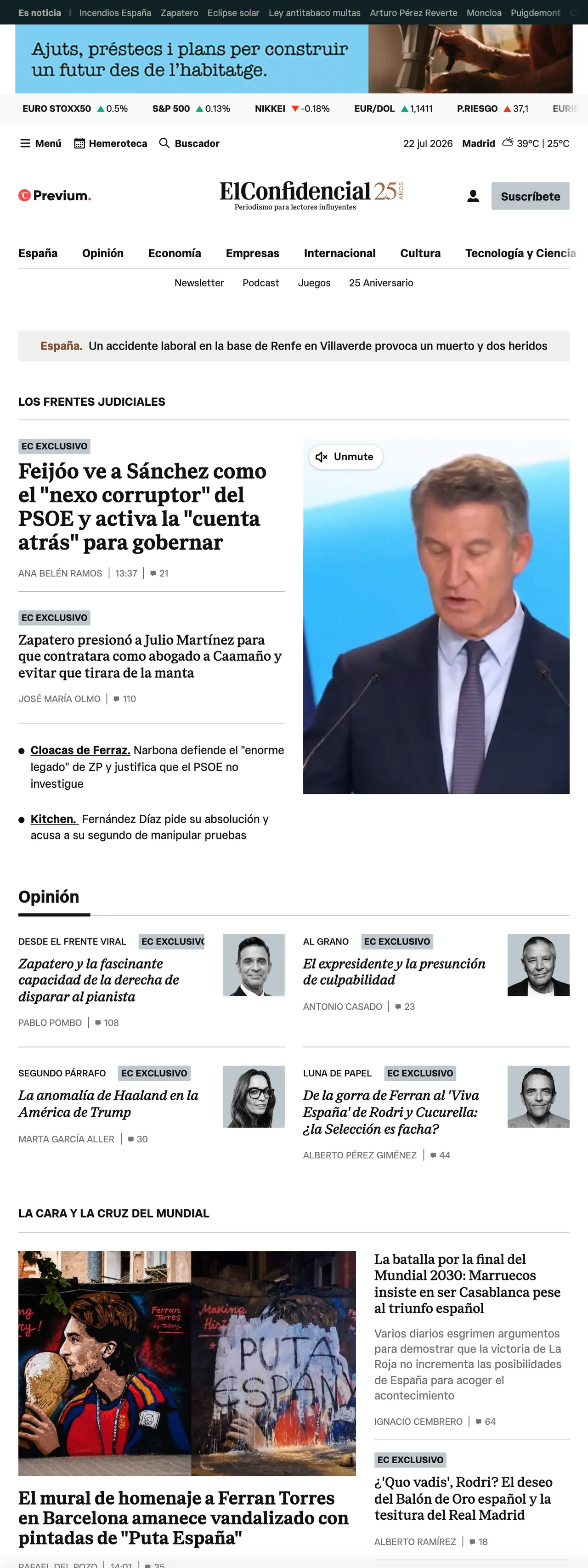 Screenshot of the El Confidencial front page