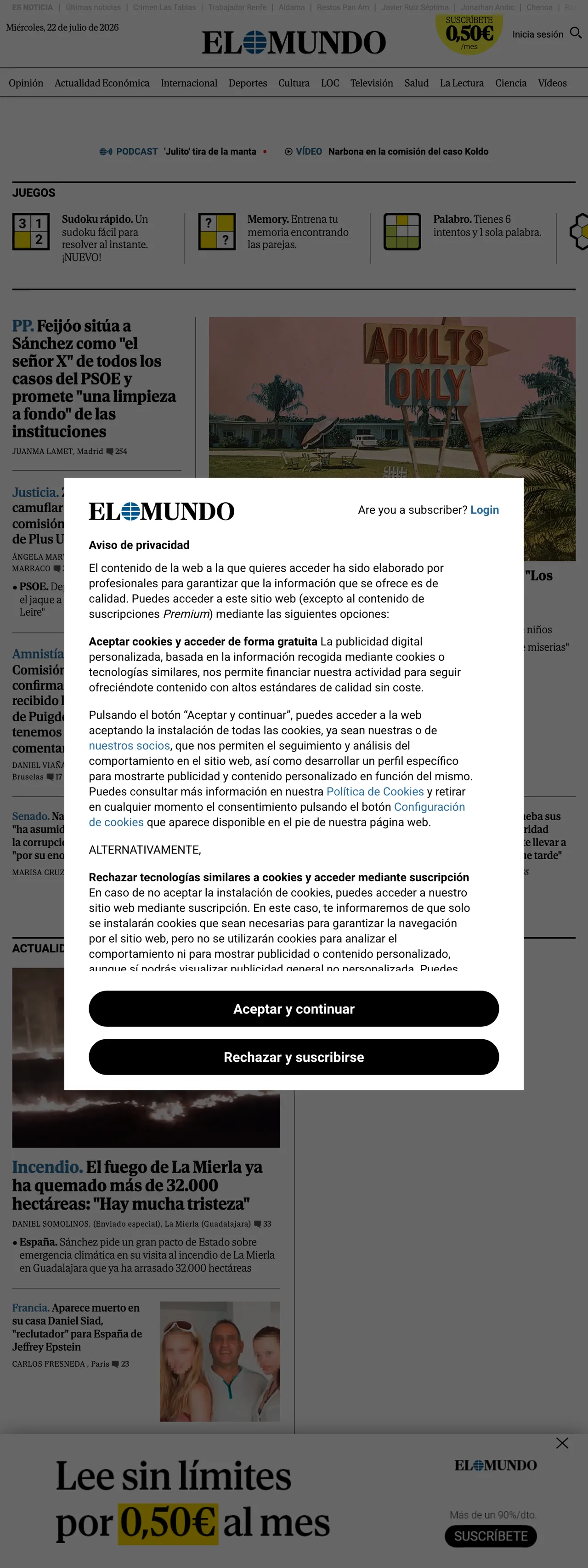 Screenshot of the El Mundo front page