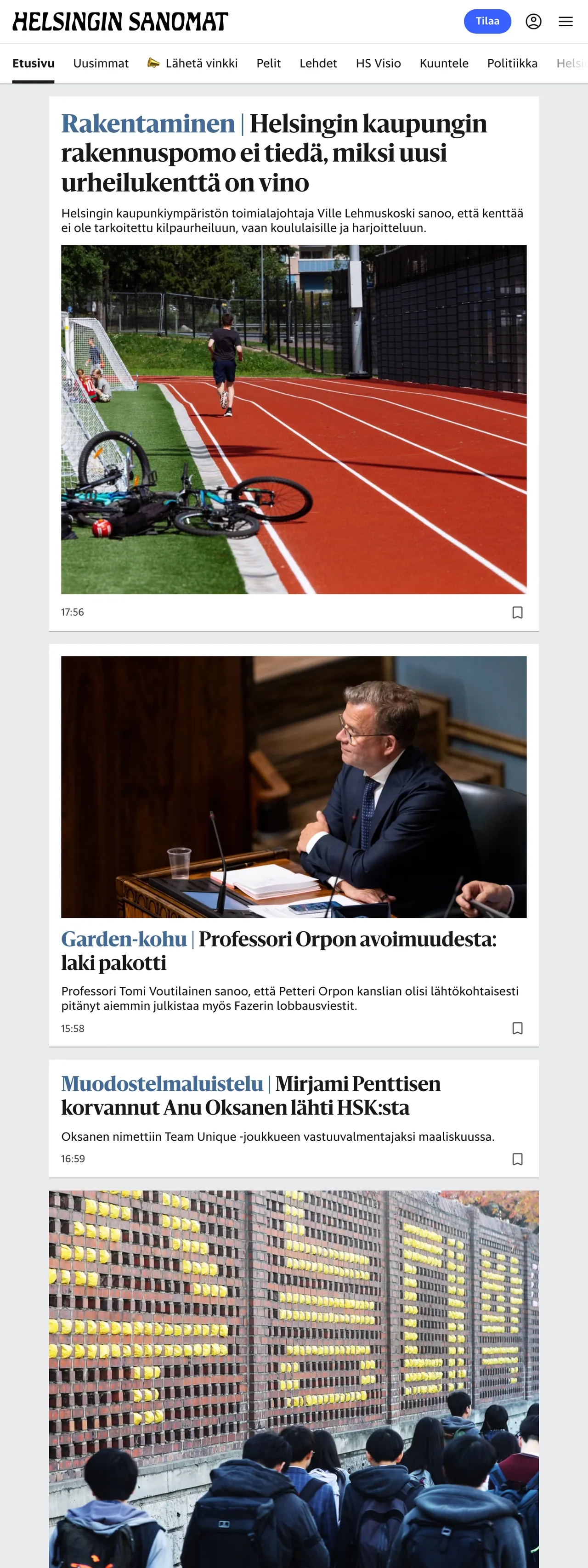 Screenshot of the Helsingin Sanomat front page