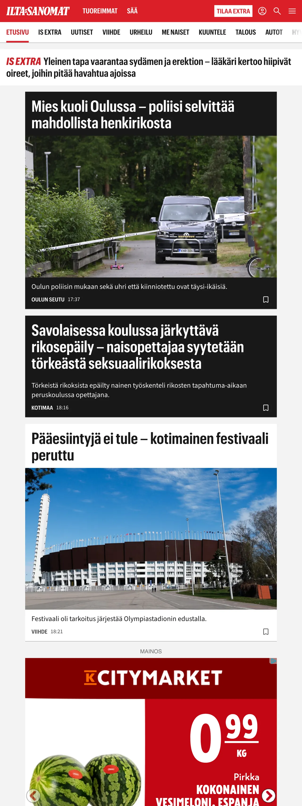 Screenshot of the Ilta-Sanomat front page