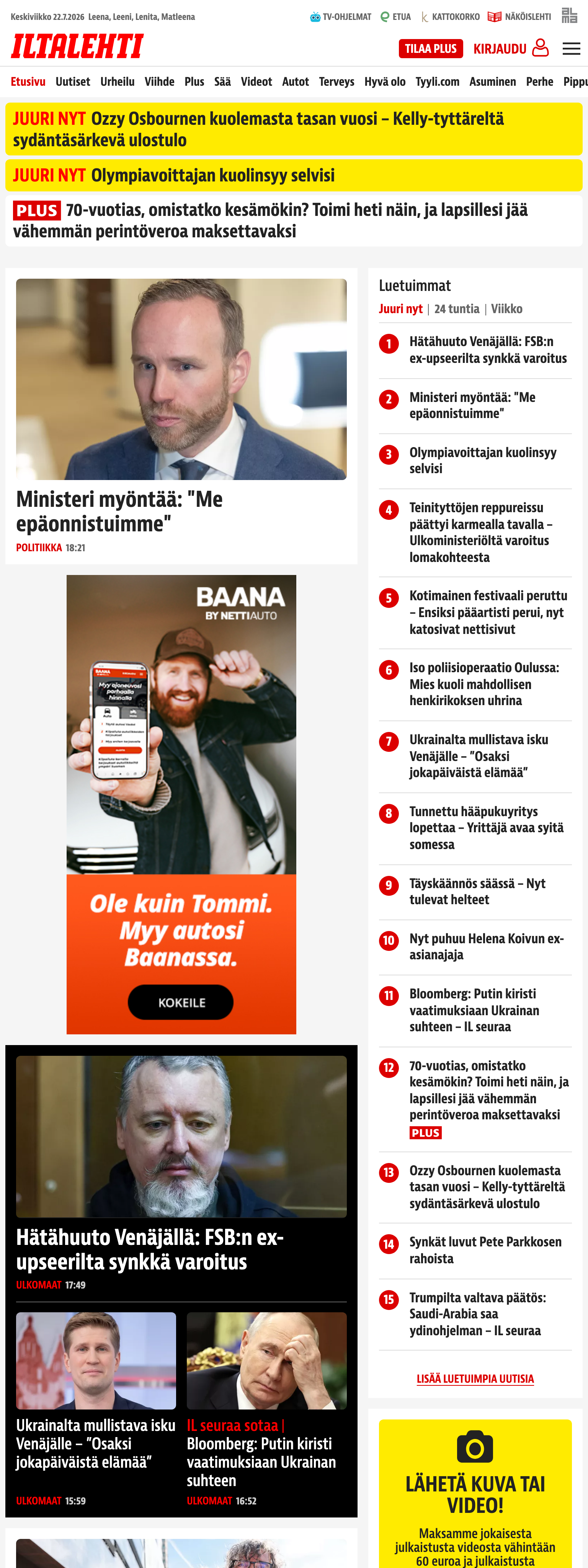Screenshot of the Iltalehti front page