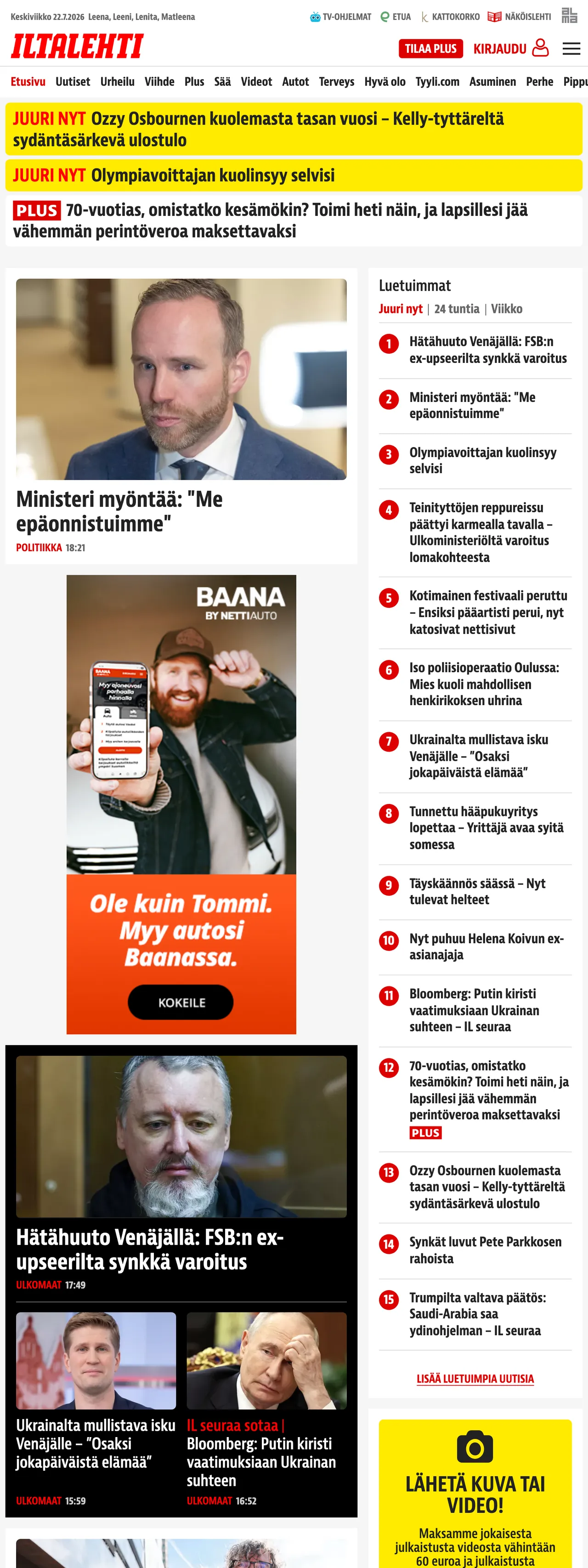 Screenshot of the Iltalehti front page