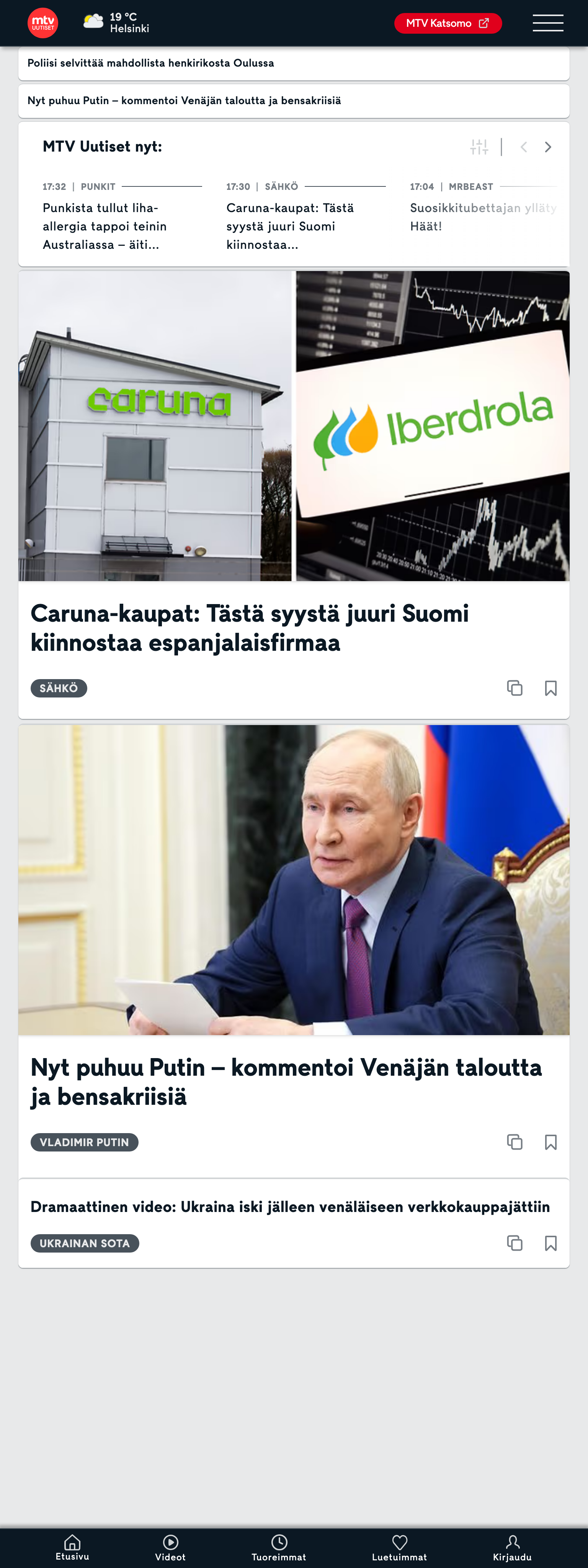 Screenshot of the MTV Uutiset front page