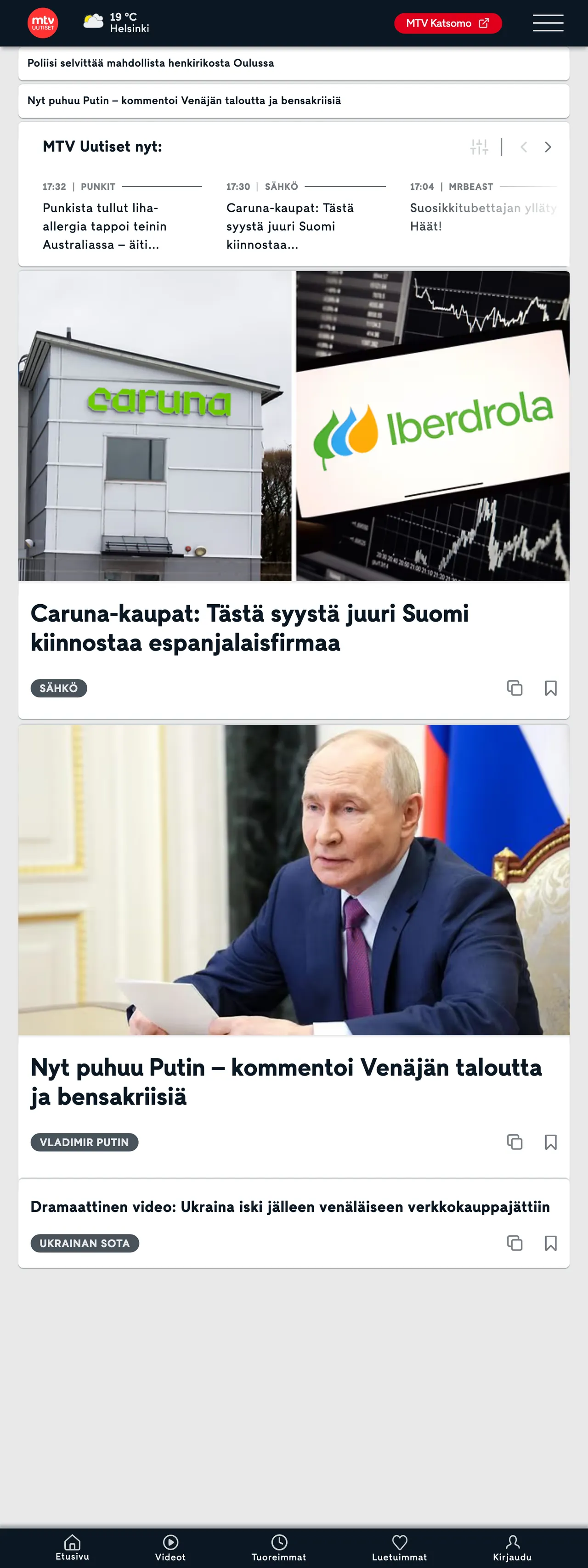 Screenshot of the MTV Uutiset front page