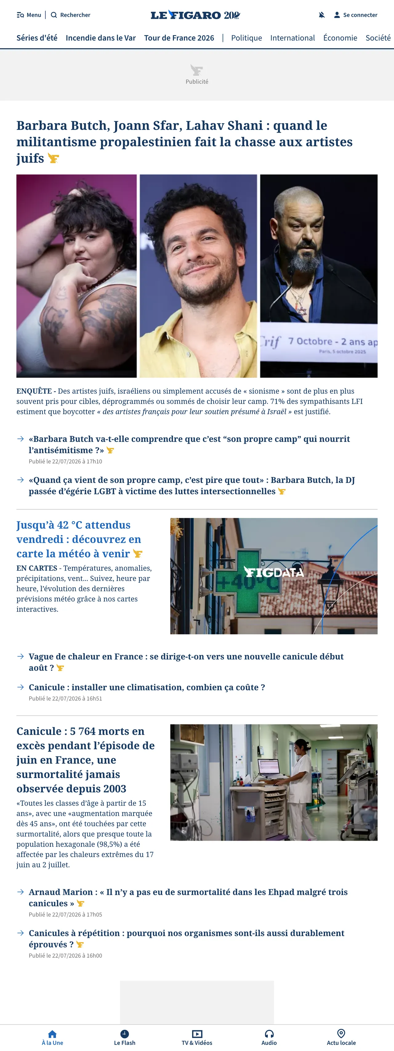 Screenshot of the Le Figaro front page