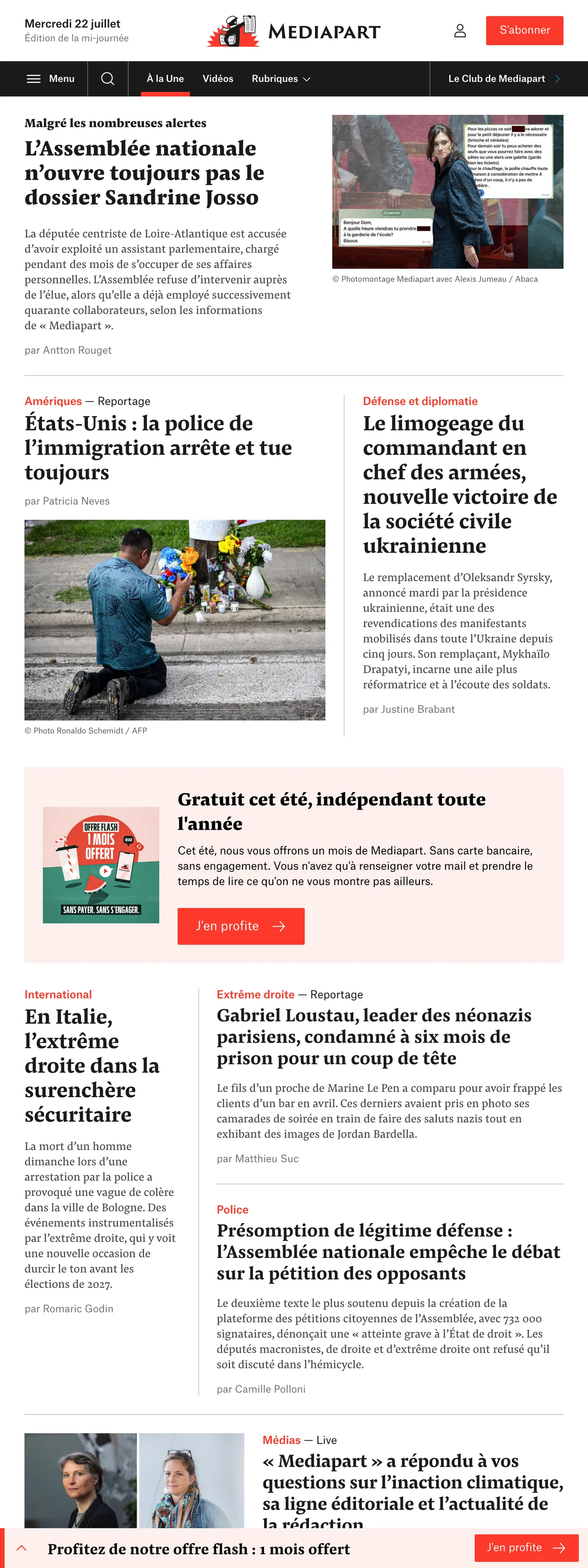Screenshot of the Mediapart front page