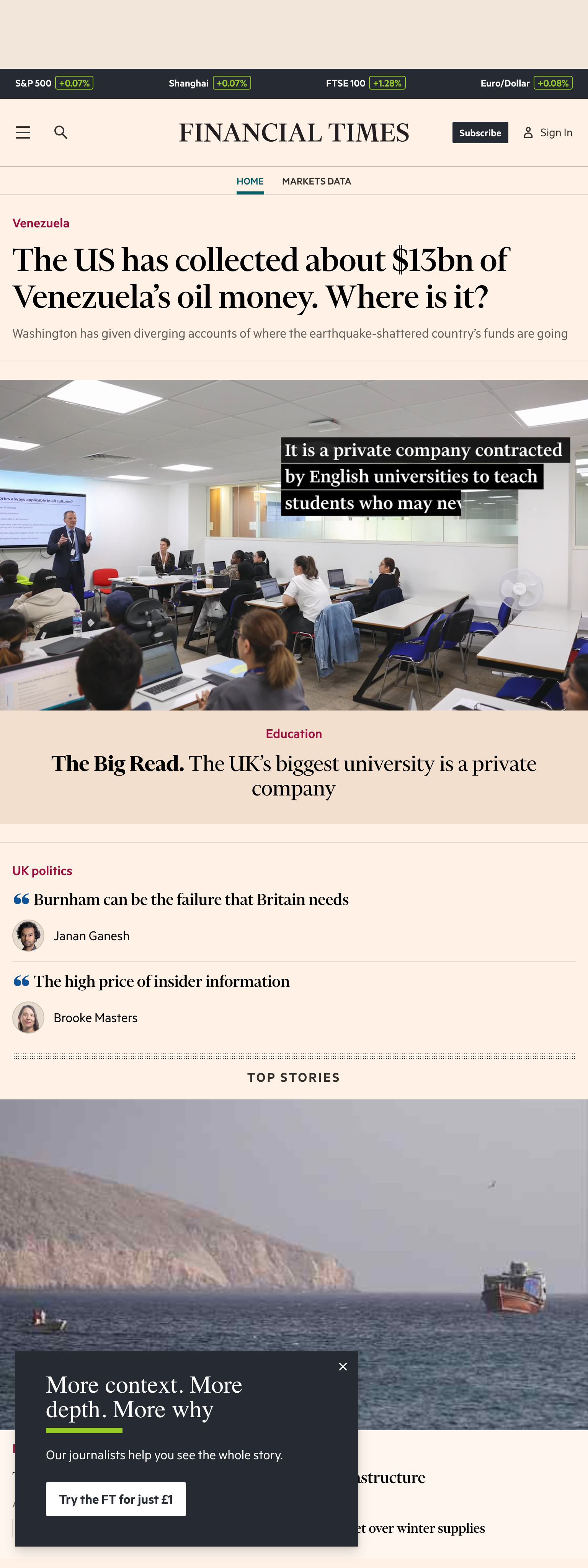 Screenshot of the Financial Times front page