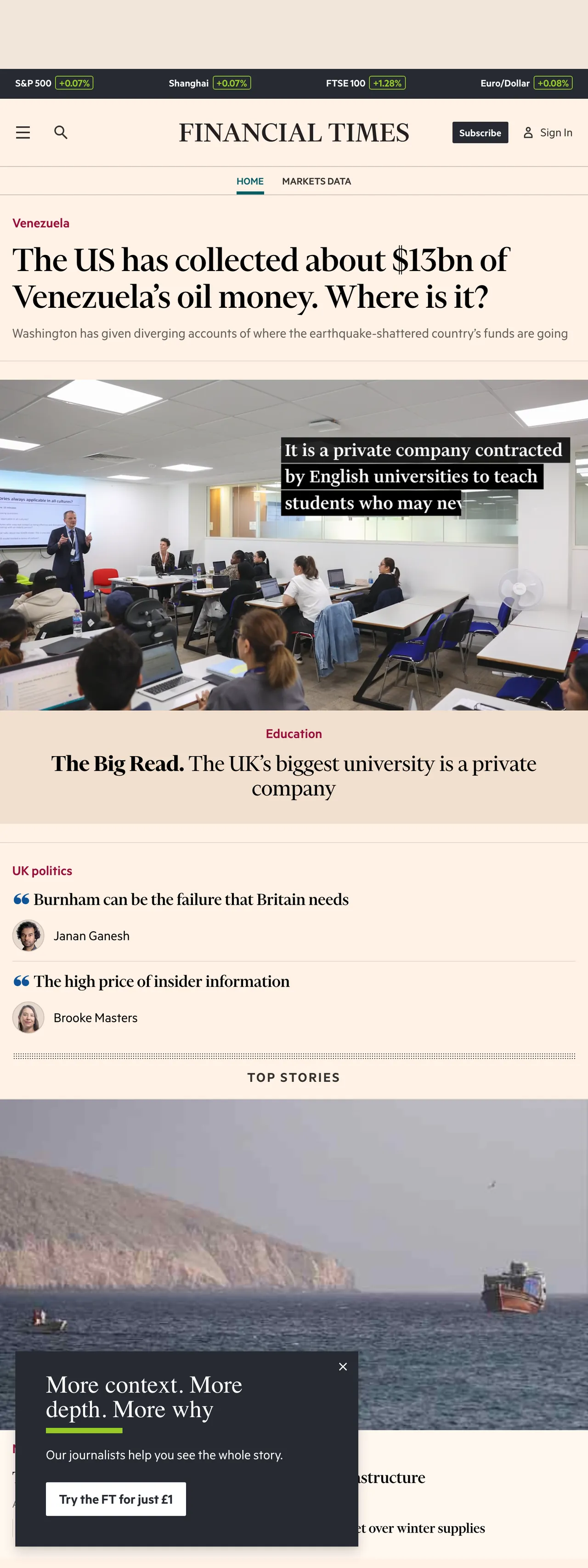 Screenshot of the Financial Times front page