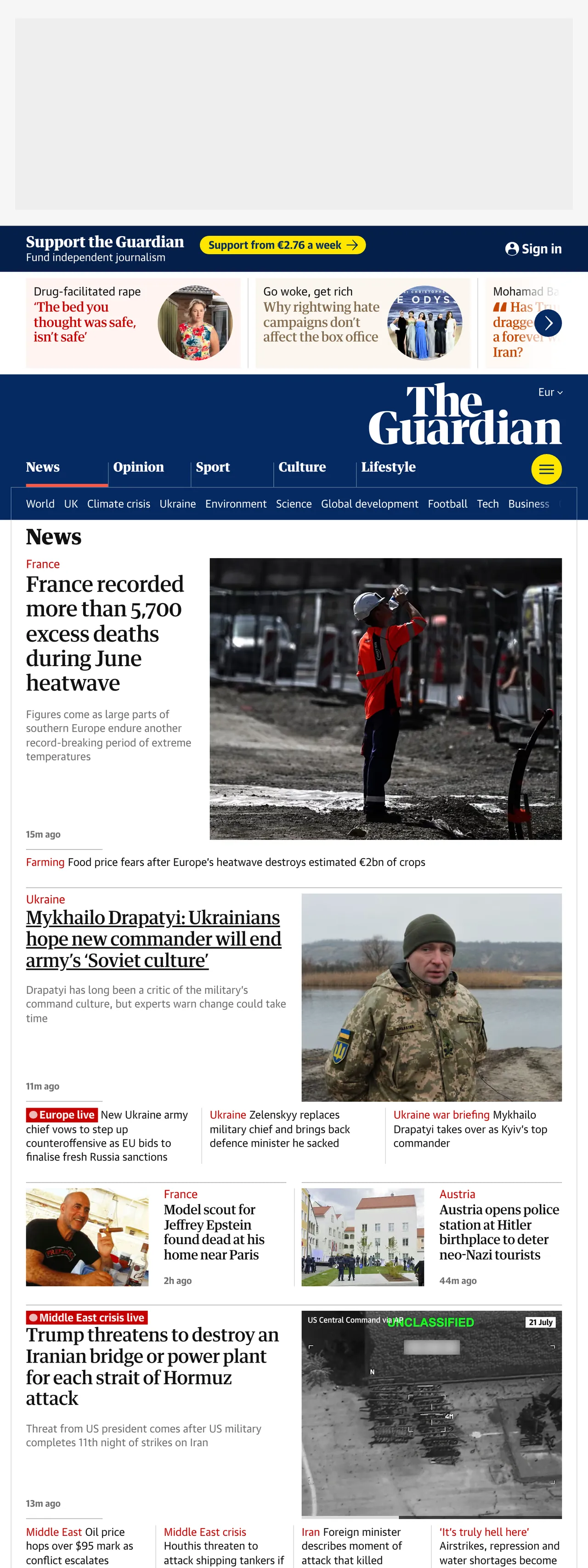 Screenshot of the The Guardian front page