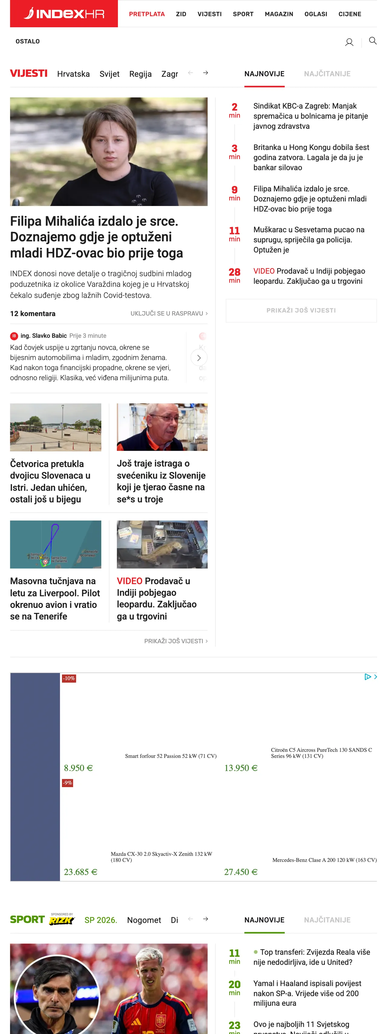 Screenshot of the Index.hr front page