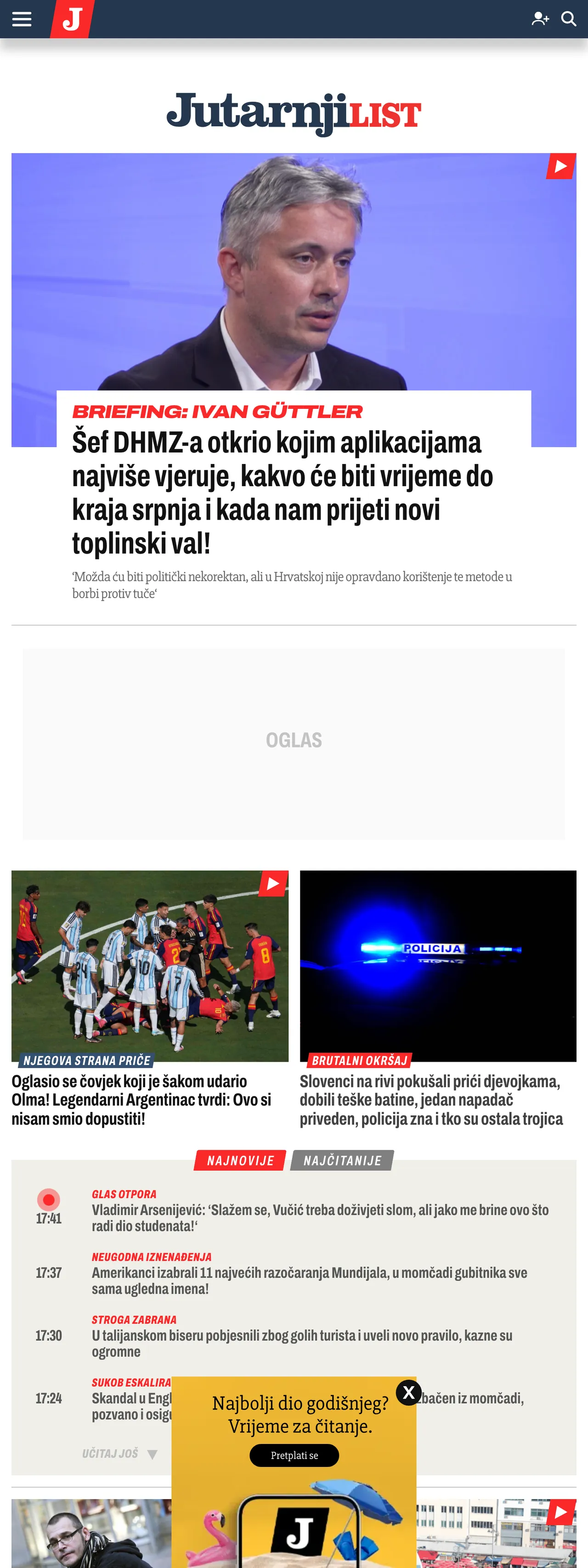 Screenshot of the Jutarnji list front page