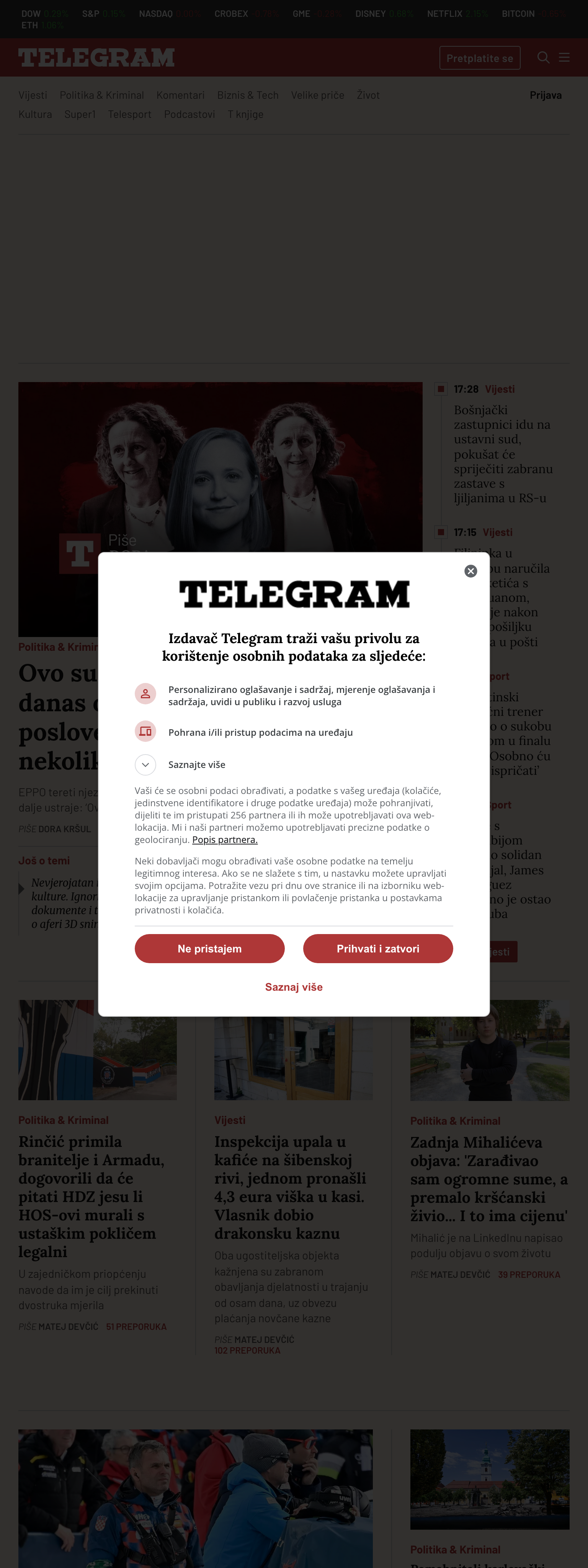 Screenshot of the Telegram.hr front page