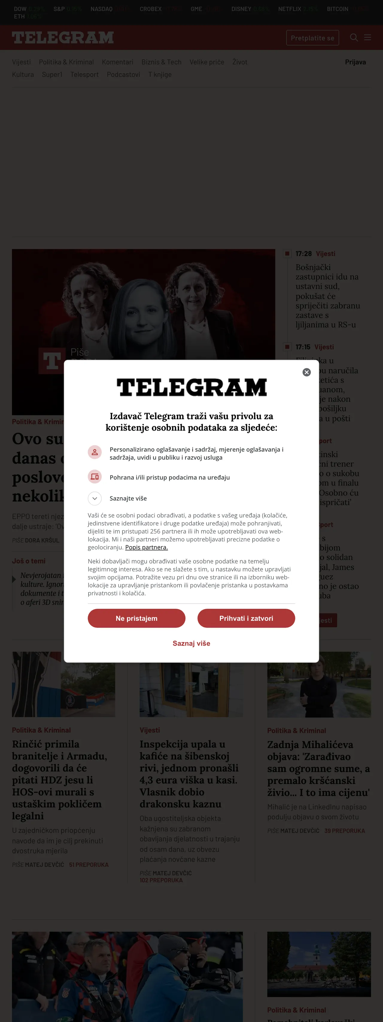 Screenshot of the Telegram.hr front page