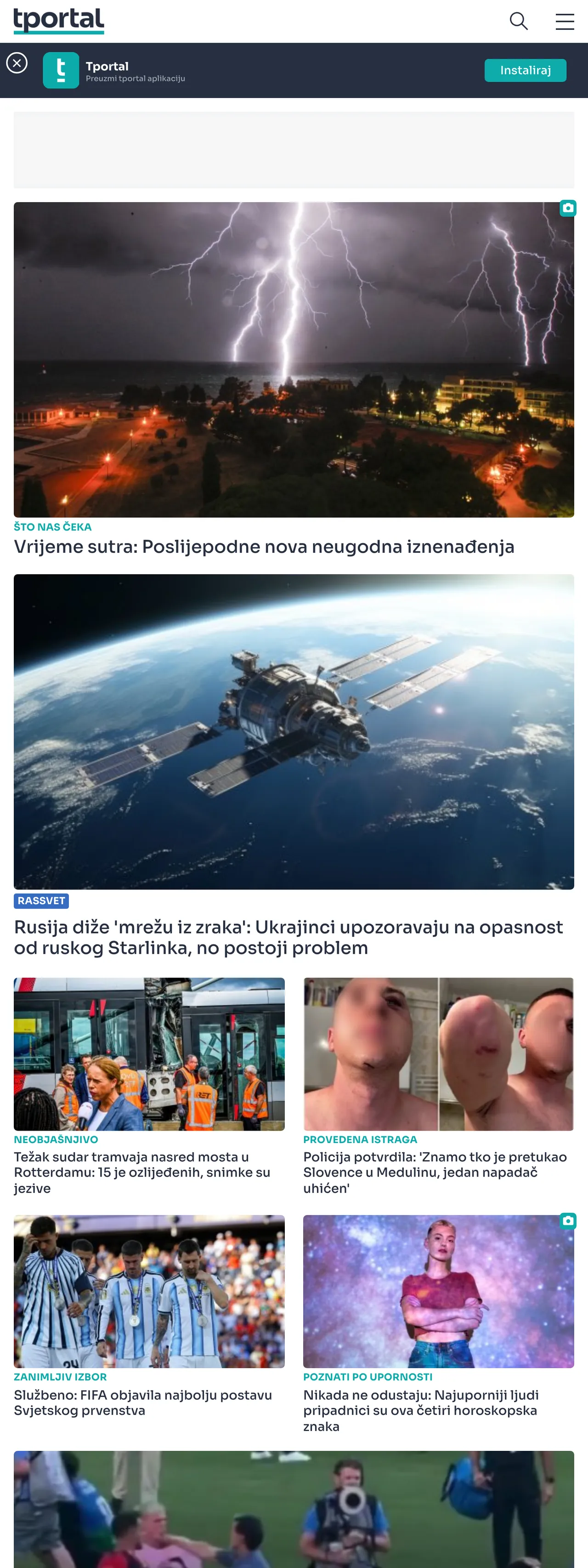 Screenshot of the tportal front page
