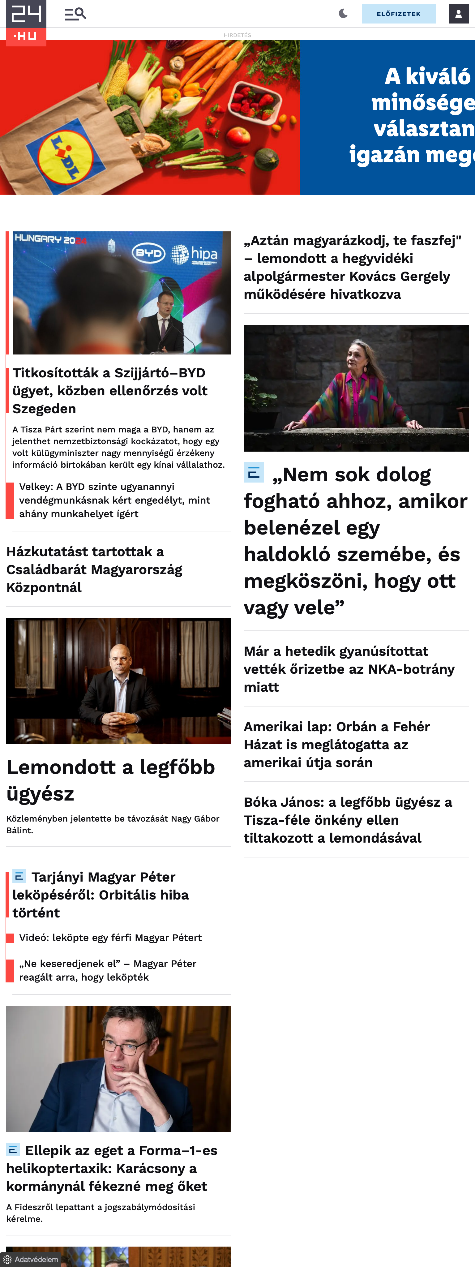 Screenshot of the 24.hu front page