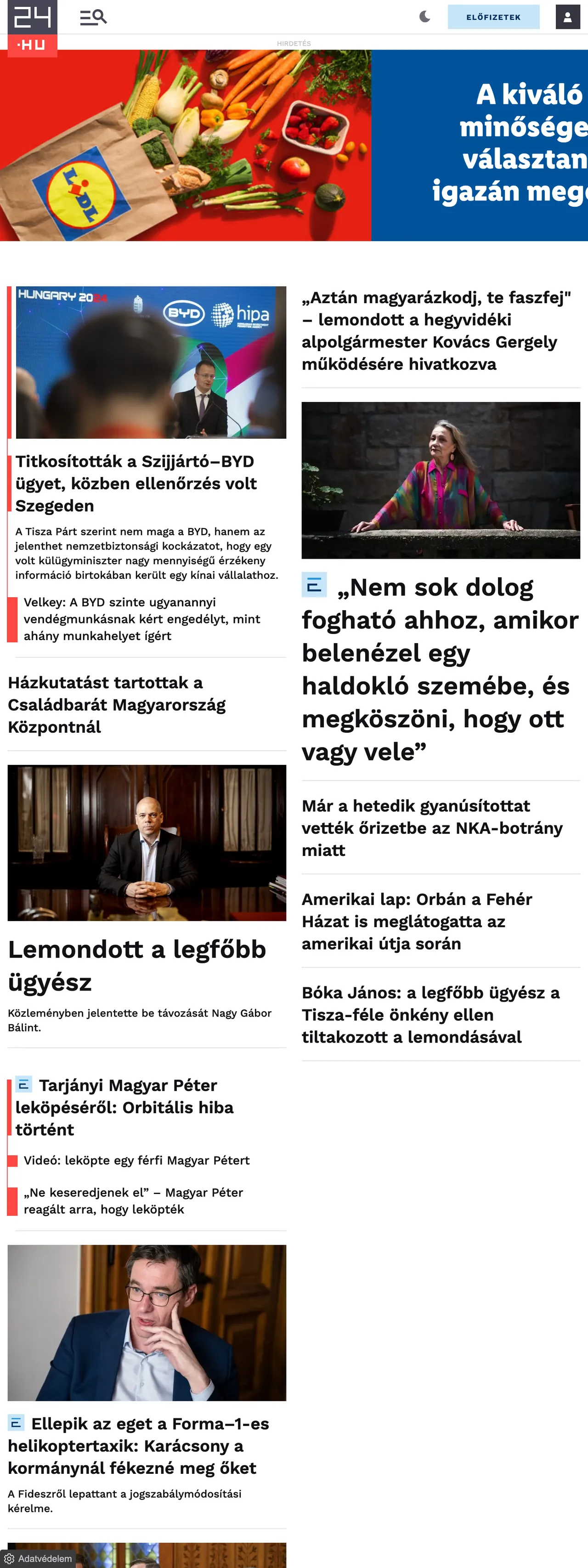 Screenshot of the 24.hu front page