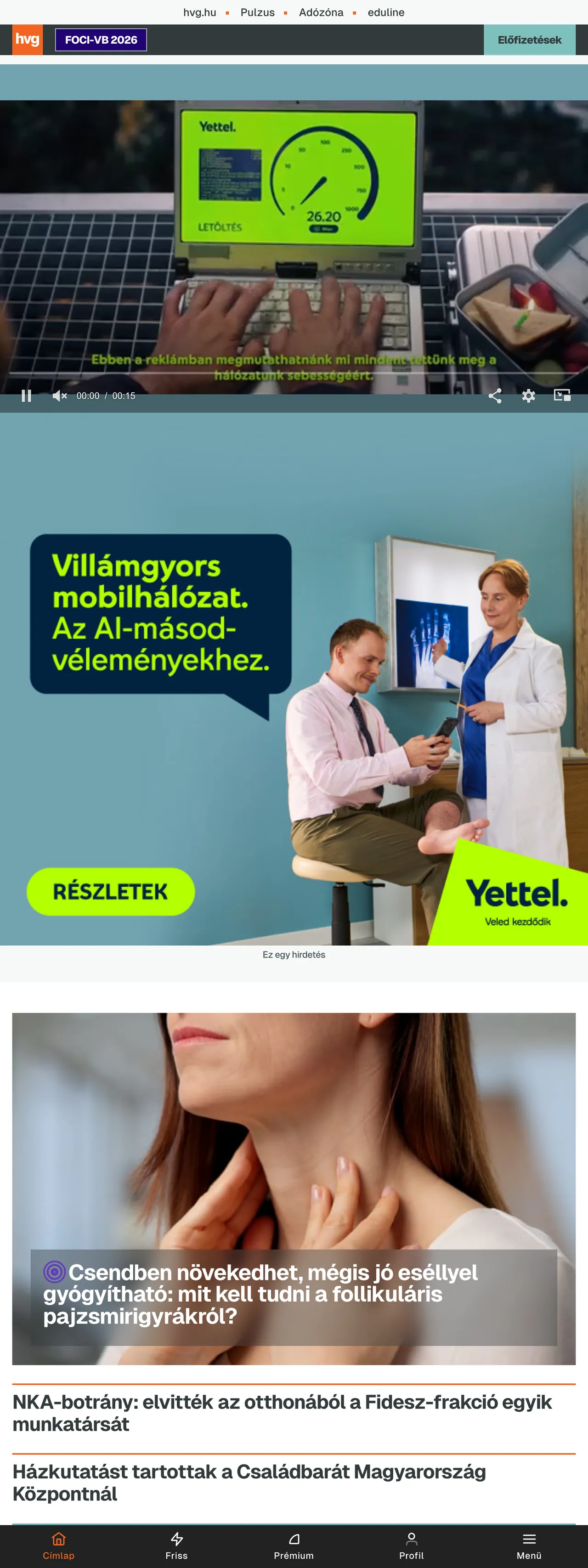 Screenshot of the HVG front page