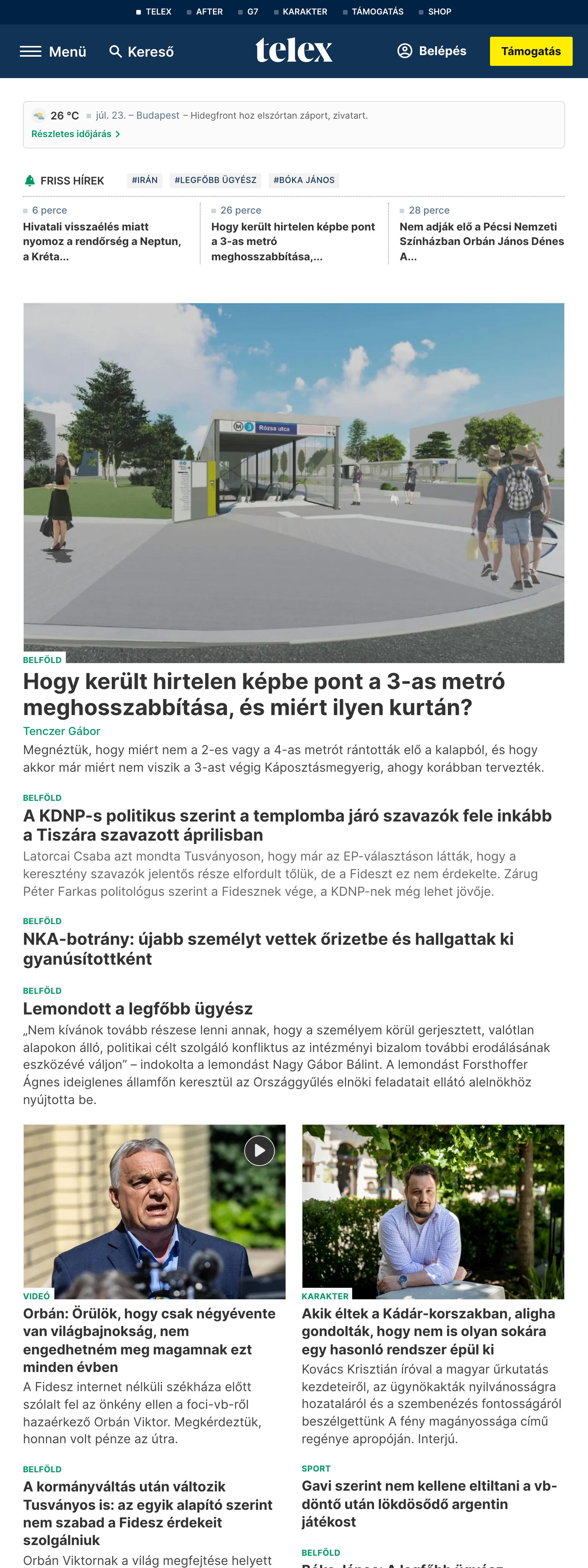 Screenshot of the Telex front page