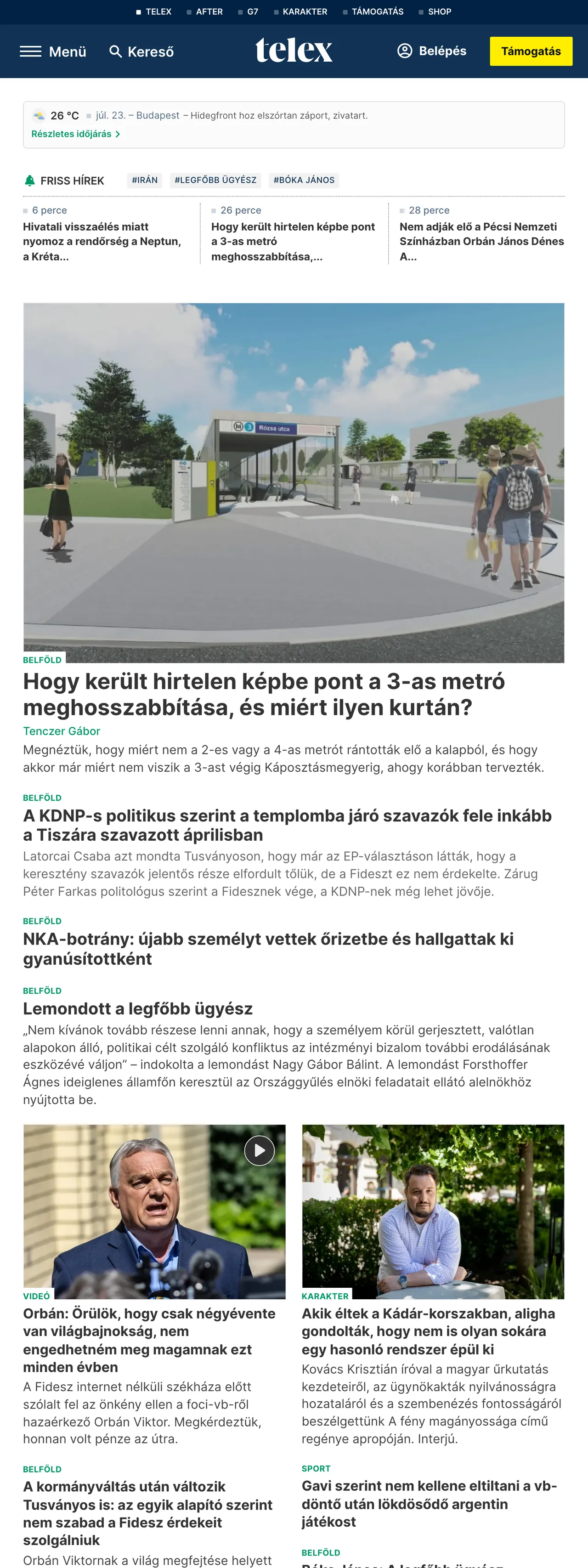 Screenshot of the Telex front page