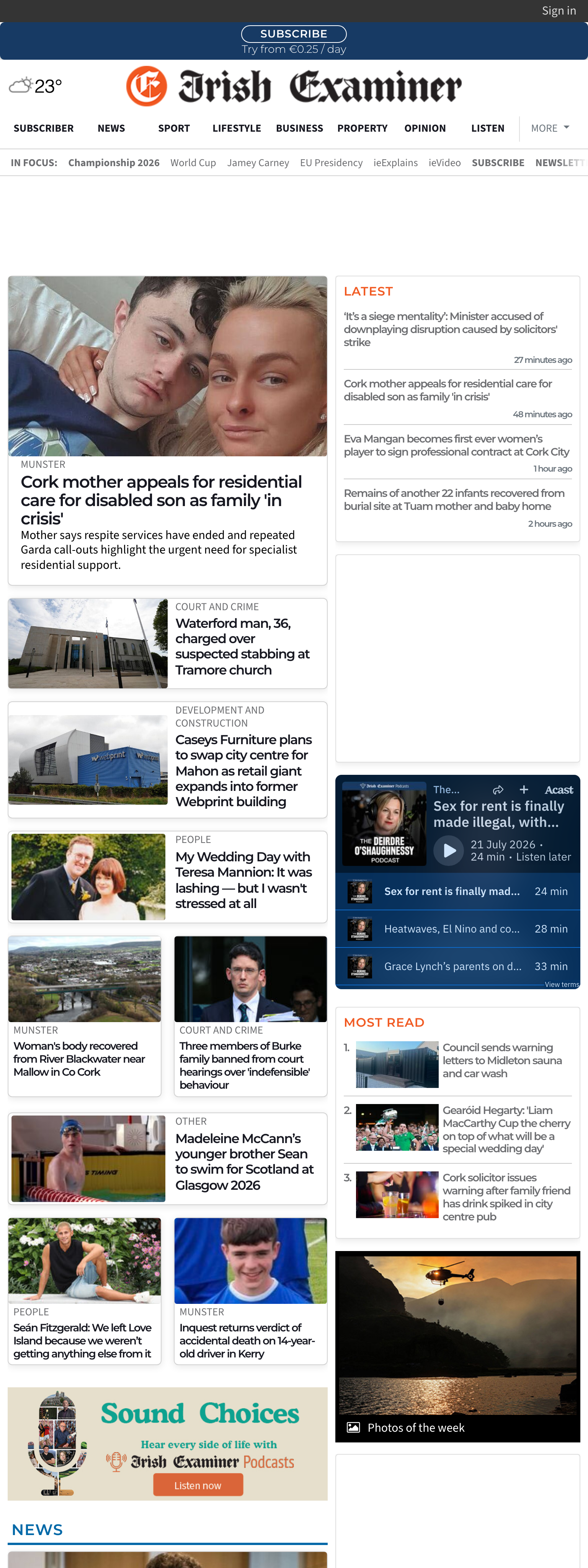 Screenshot of the Irish Examiner front page